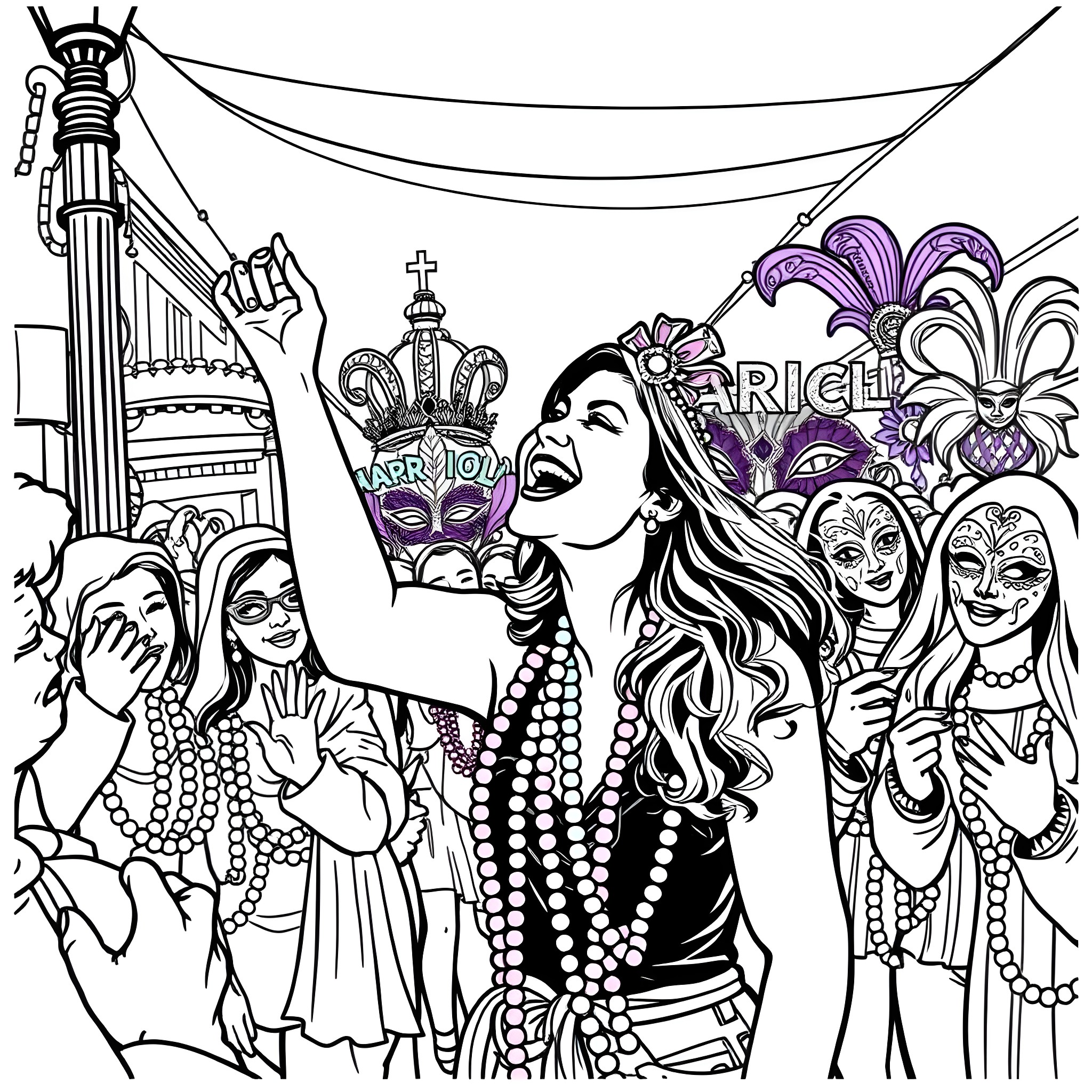 Woman celebrating carnival with musicians and performers Coloring Page (free black-and-white line drawing printable PDF for all, from beginners to advanced learners, including children, teens, adults, and seniors)