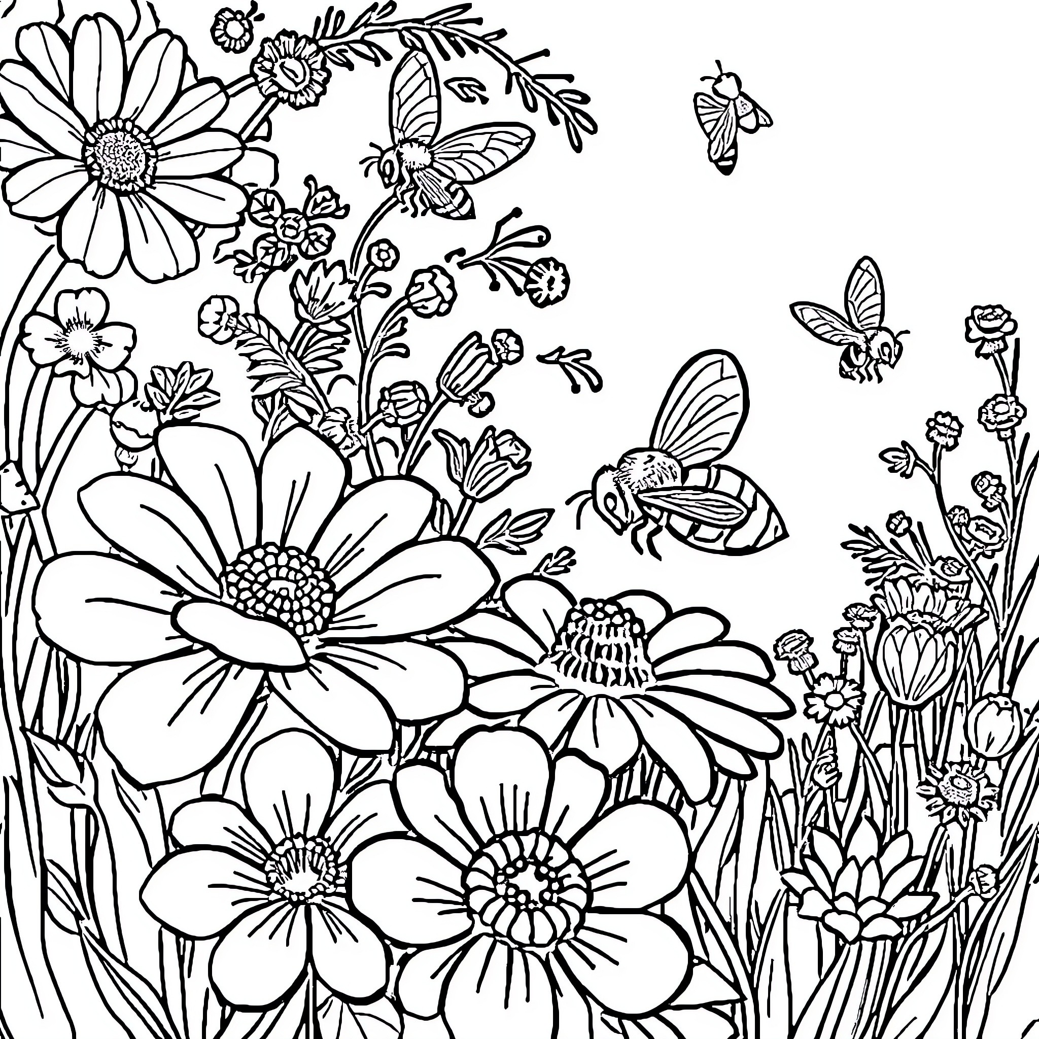 Bee buzzing amongst vibrant floral garden Coloring Page (free black-and-white line drawing printable PDF for all, from beginners to advanced learners, including children, teens, adults, and seniors)