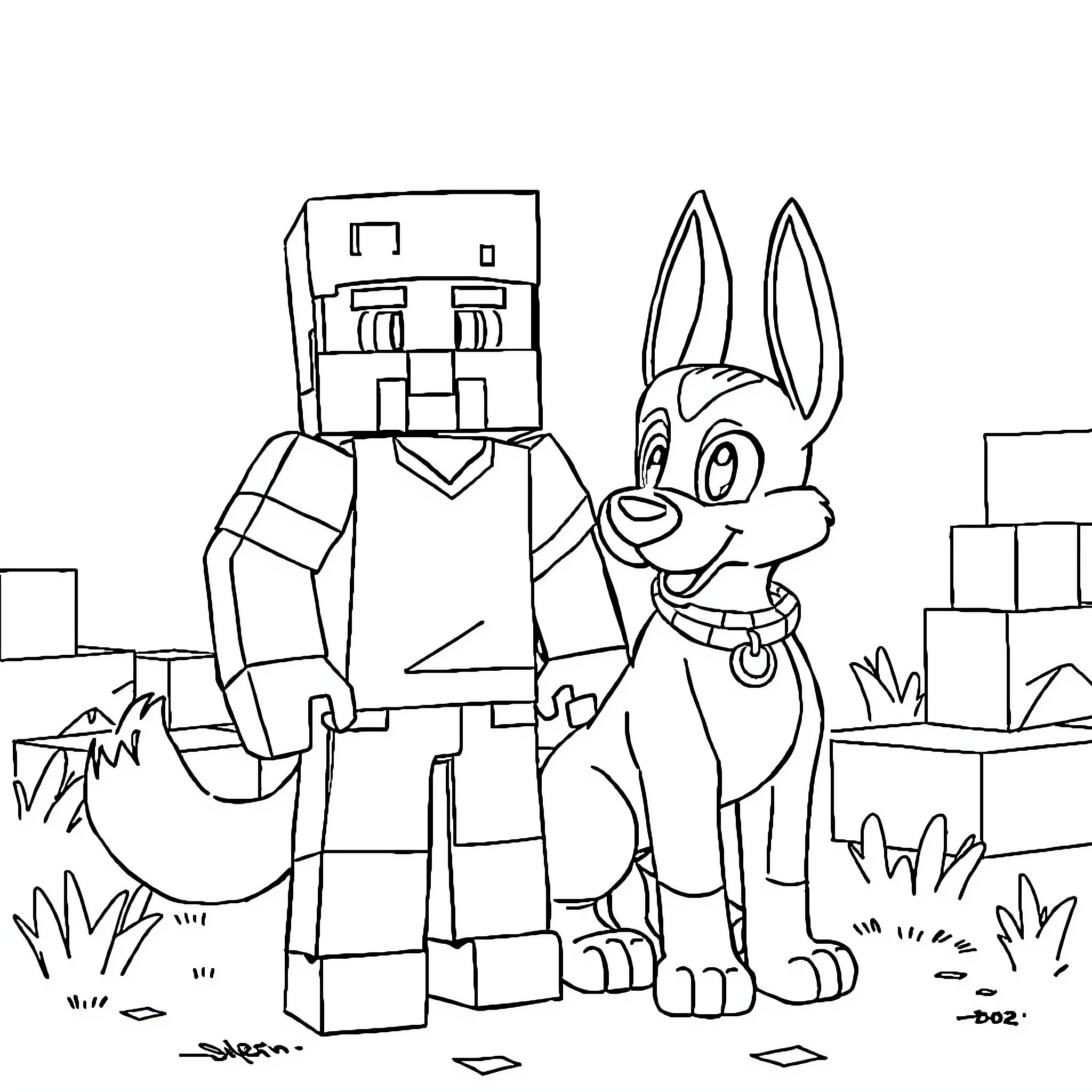 Minecraft Character and Cartoon Canine Companion Coloring Page (free black-and-white line drawing printable PDF for all, from beginners to advanced learners, including children, teens, adults, and seniors)