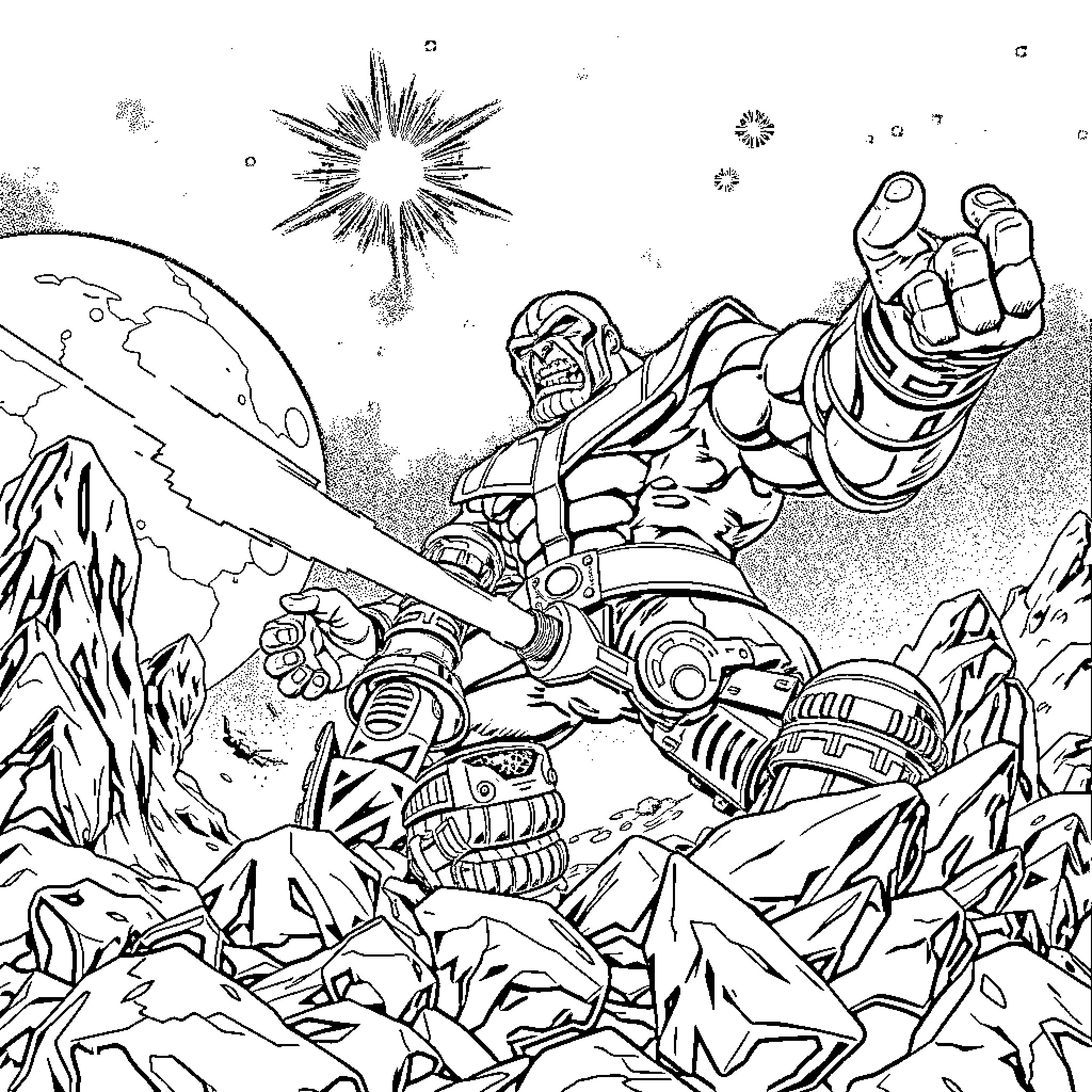 Thanos the Titan wielding Cosmic Power amid Cosmic Landscape Coloring Page (free black-and-white line drawing printable PDF for all, from beginners to advanced learners, including children, teens, adults, and seniors)