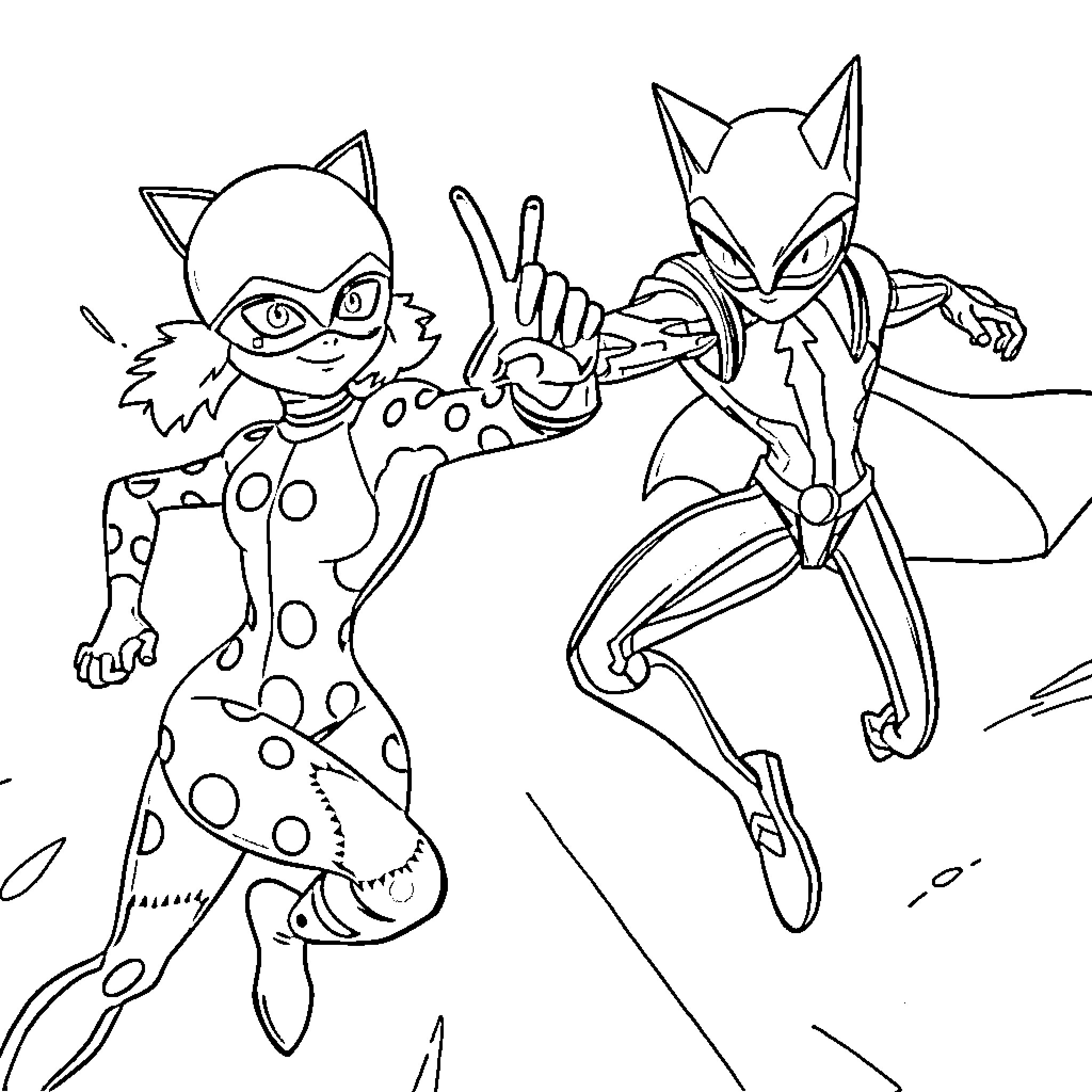 Ladybug superheroes in action Coloring Page (free black-and-white line drawing printable PDF for all, from beginners to advanced learners, including children, teens, adults, and seniors)