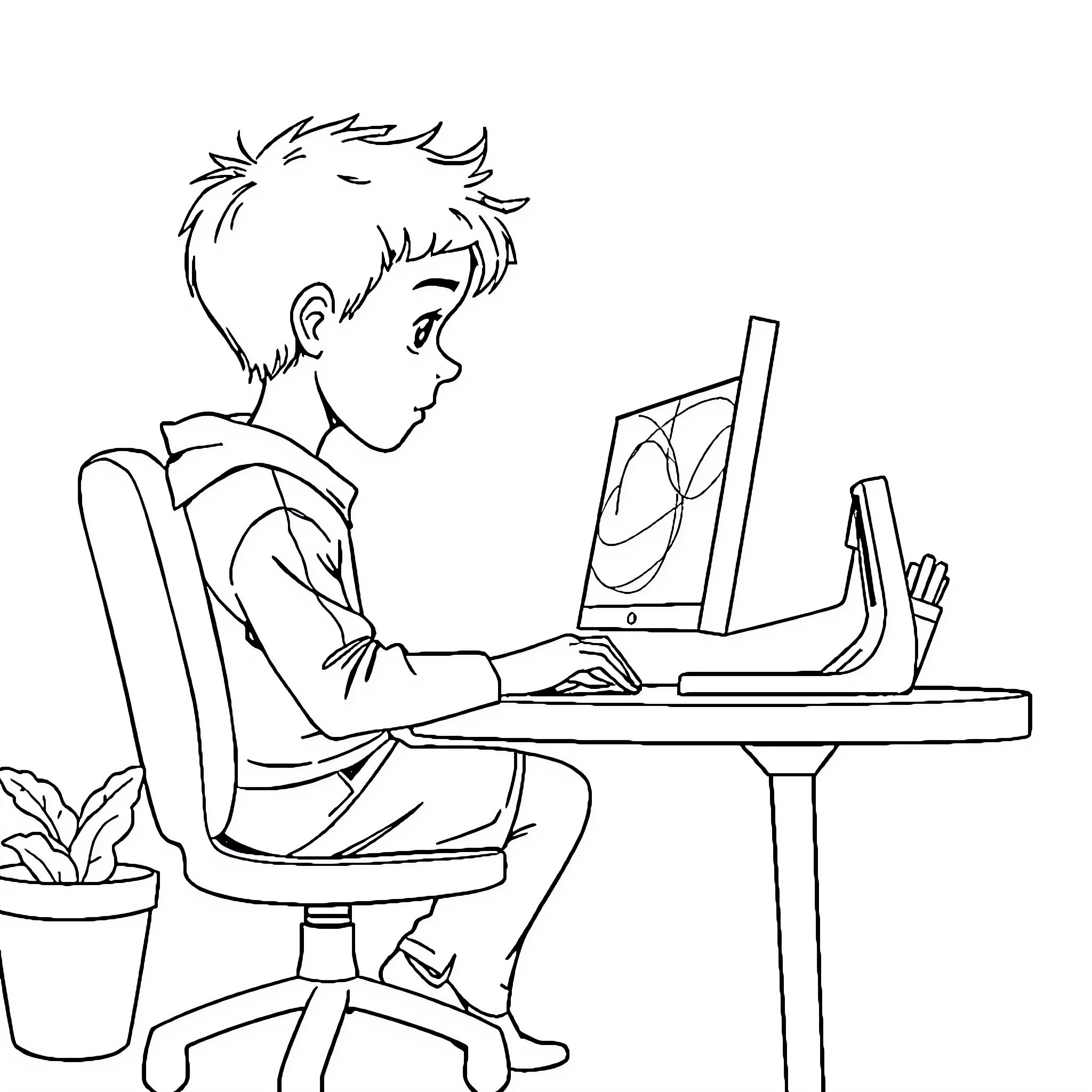 Child focused at computer screen Coloring Page (free black-and-white line drawing printable PDF for all, from beginners to advanced learners, including children, teens, adults, and seniors)