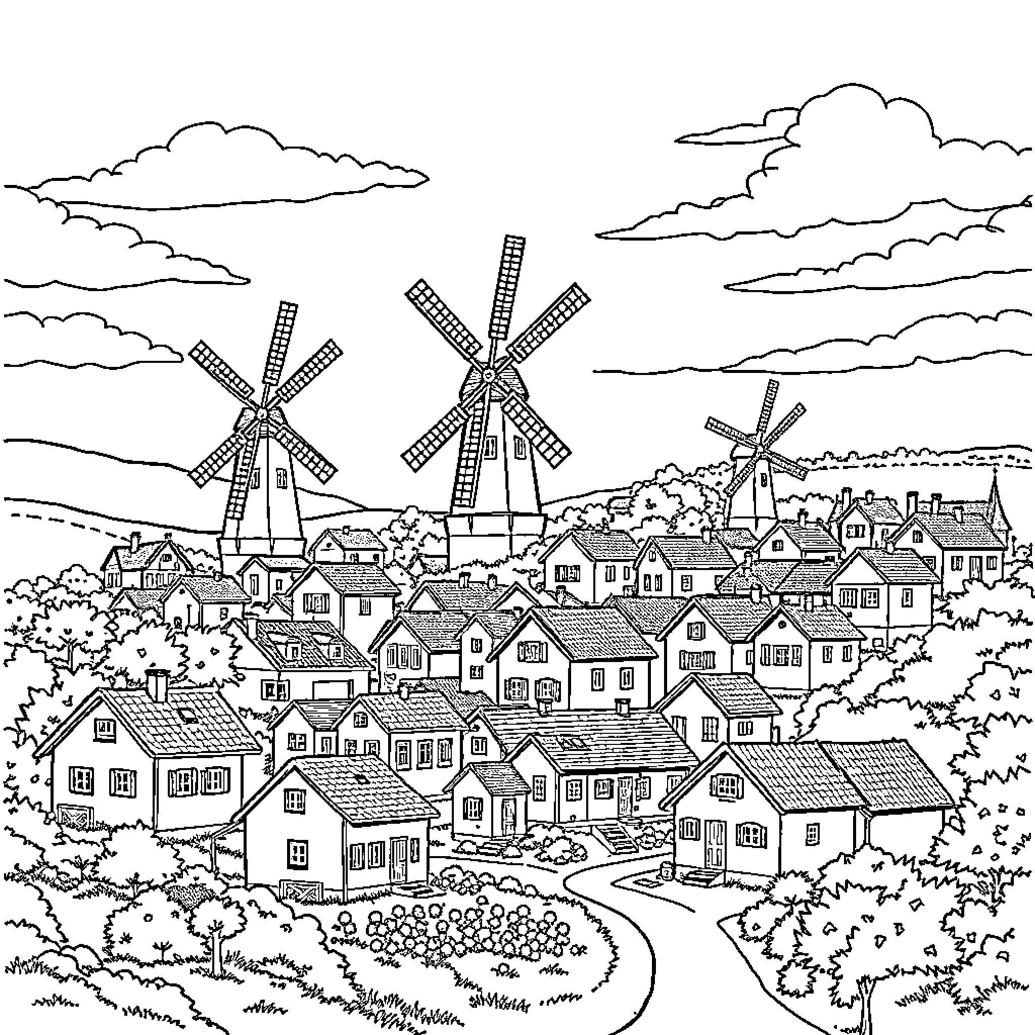 Town with Traditional Windmills and Quaint Houses Coloring Page (free black-and-white line drawing printable PDF for all, from beginners to advanced learners, including children, teens, adults, and seniors)