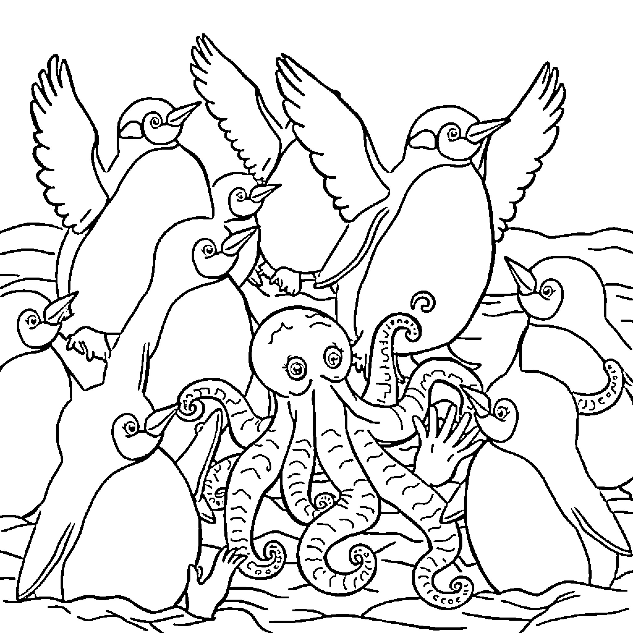 Penguin community gathering with intricate patterns Coloring Page (free black-and-white line drawing printable PDF for all, from beginners to advanced learners, including children, teens, adults, and seniors)