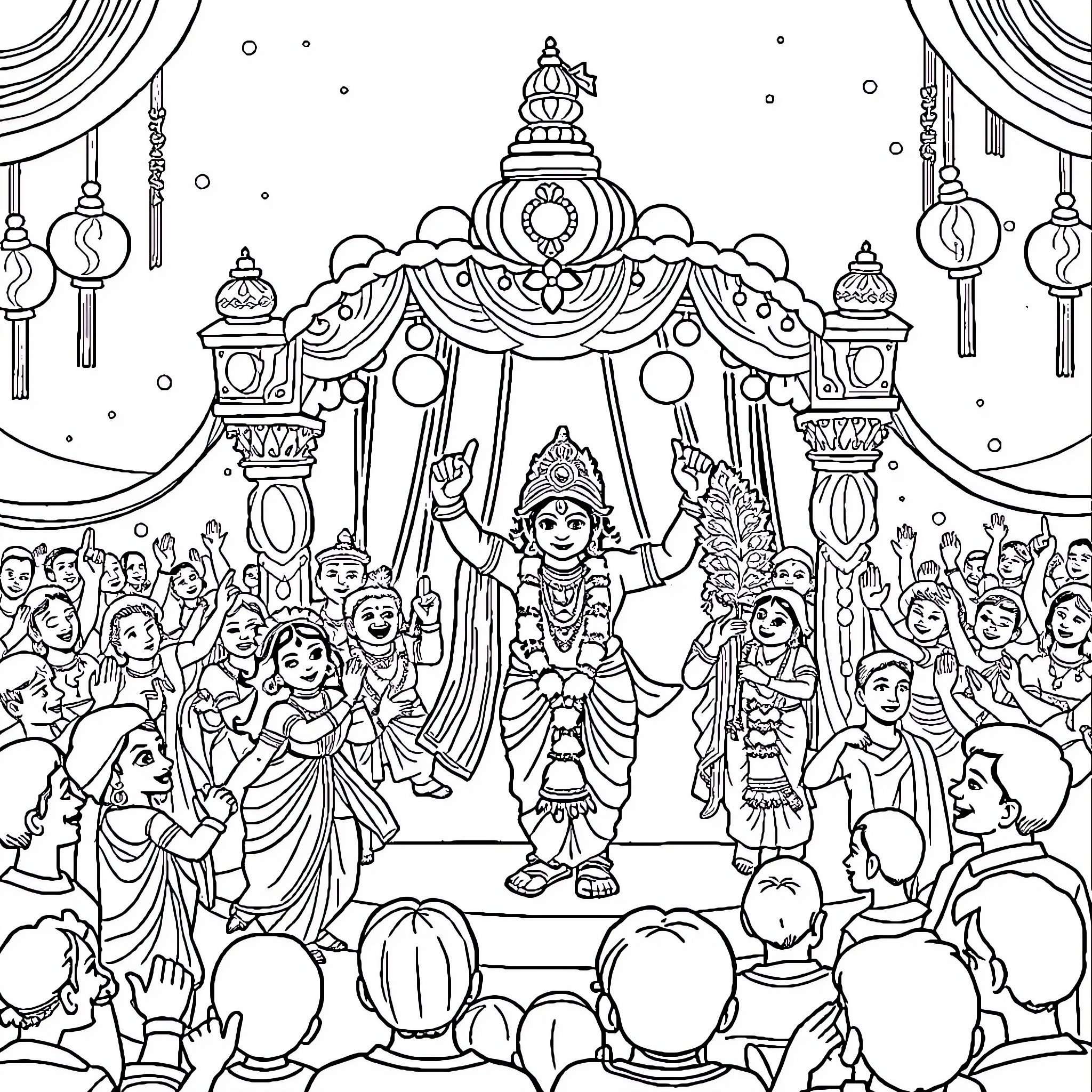 Gokul Ashtami celebration with Hindu deities and devotees Coloring Page (free black-and-white line drawing printable PDF for all, from beginners to advanced learners, including children, teens, adults, and seniors)