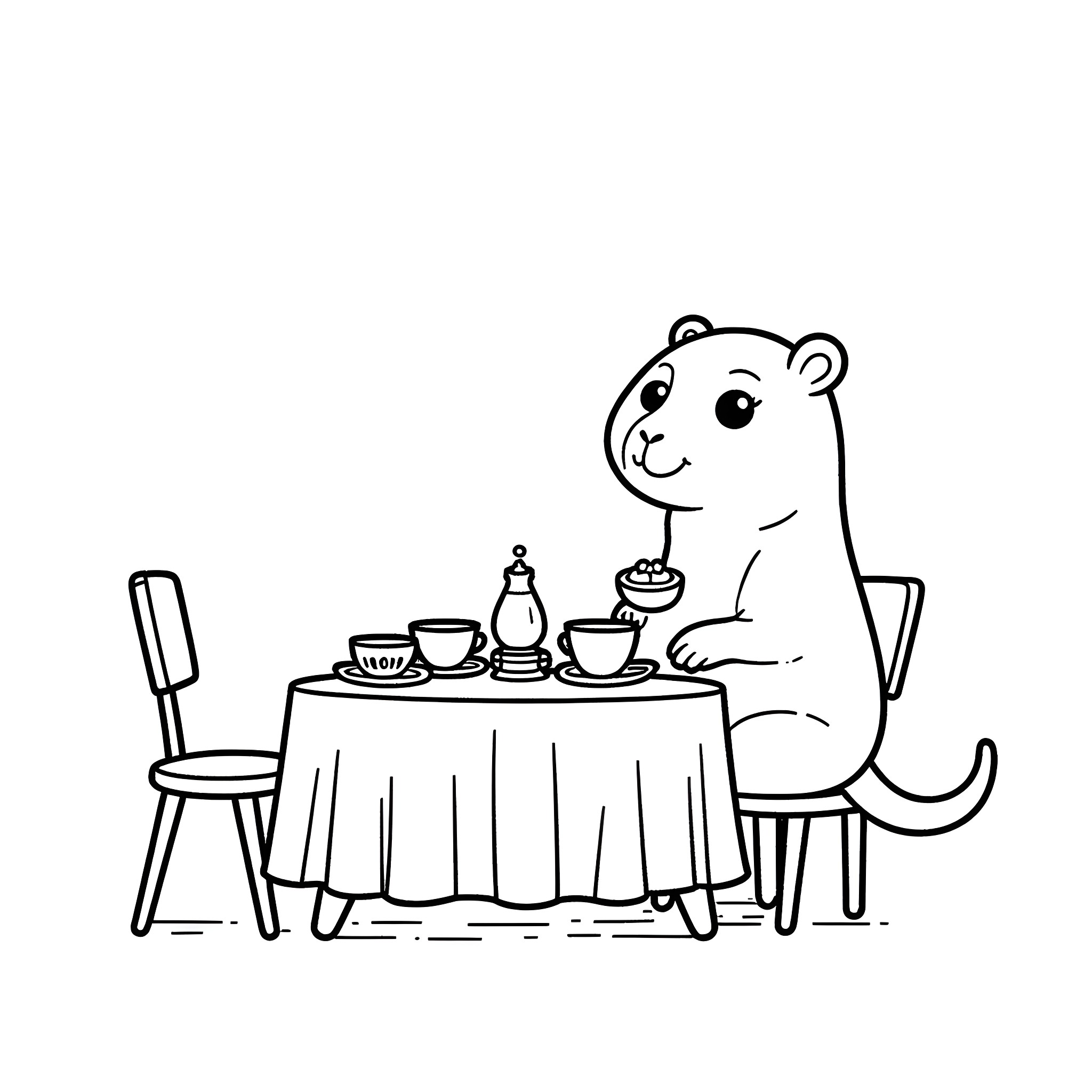 Capybara hosting a tea party Coloring Page (free black-and-white line drawing printable PDF for all, from beginners to advanced learners, including children, teens, adults, and seniors)