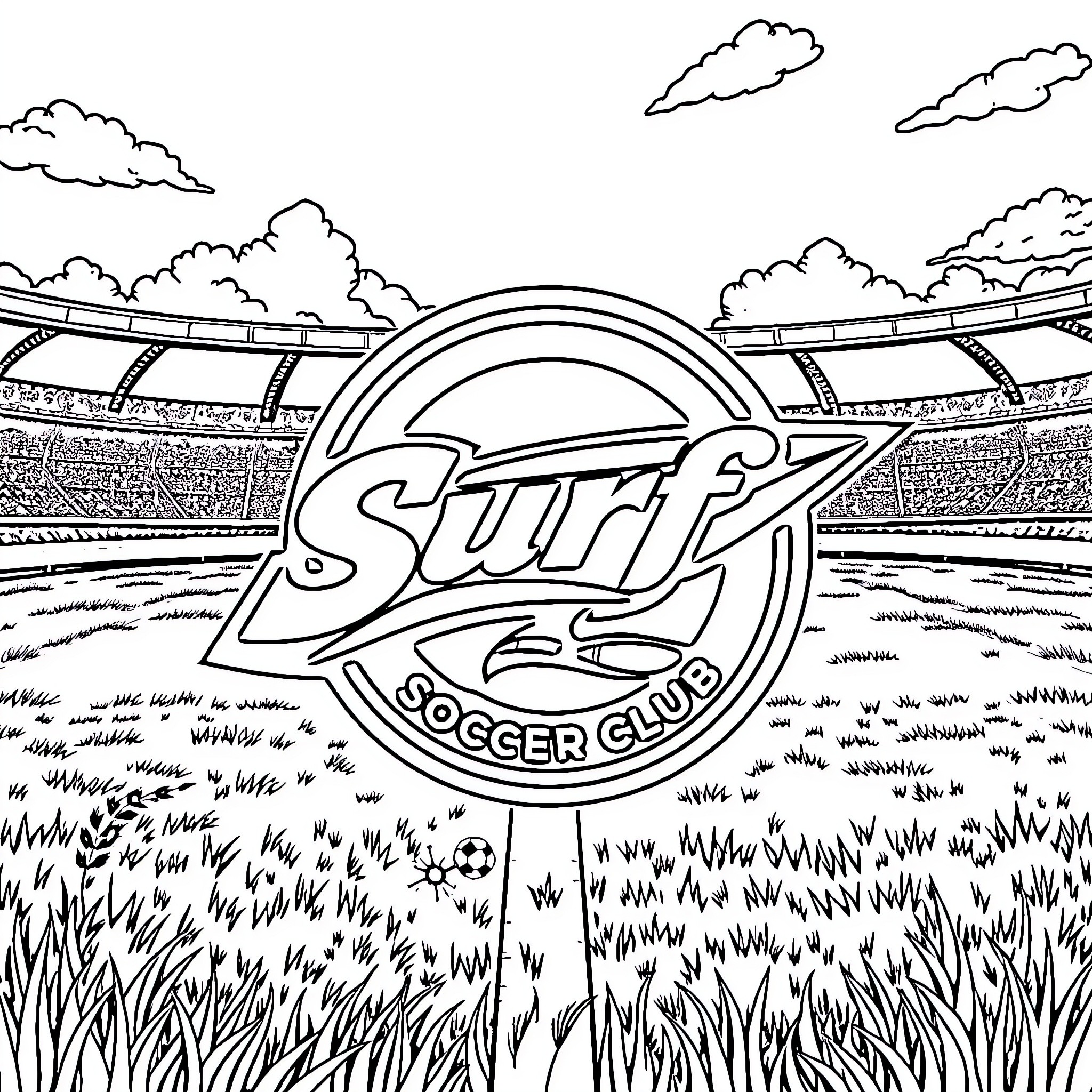 Soccer Stadium with Club Logo Coloring Page (free black-and-white line drawing printable PDF for all, from beginners to advanced learners, including children, teens, adults, and seniors)