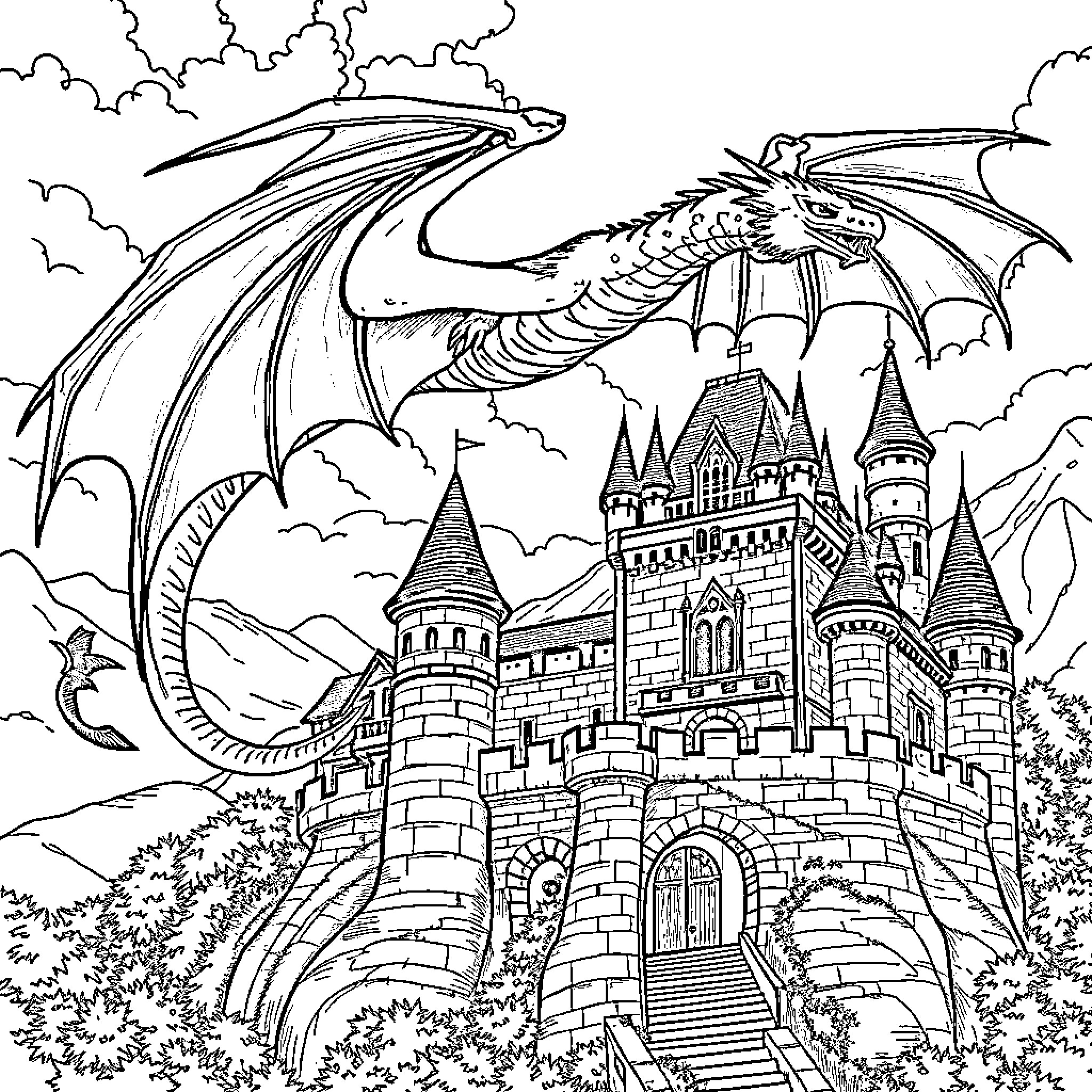 Dragon Soaring over Enchanted Castle Coloring Page (free black-and-white line drawing printable PDF for all, from beginners to advanced learners, including children, teens, adults, and seniors)