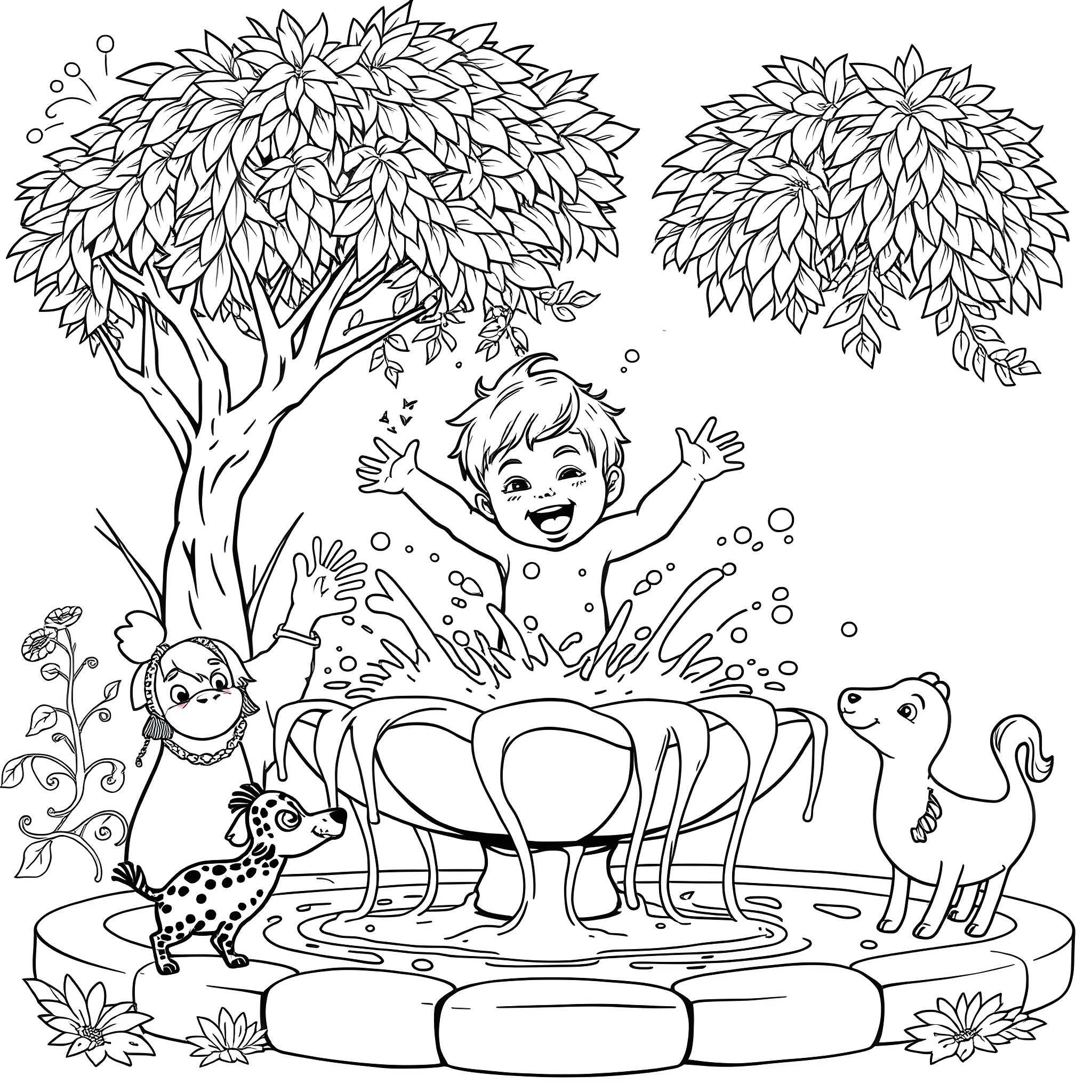 Kid playing joyfully in a magical garden Coloring Page (free black-and-white line drawing printable PDF for all, from beginners to advanced learners, including children, teens, adults, and seniors)