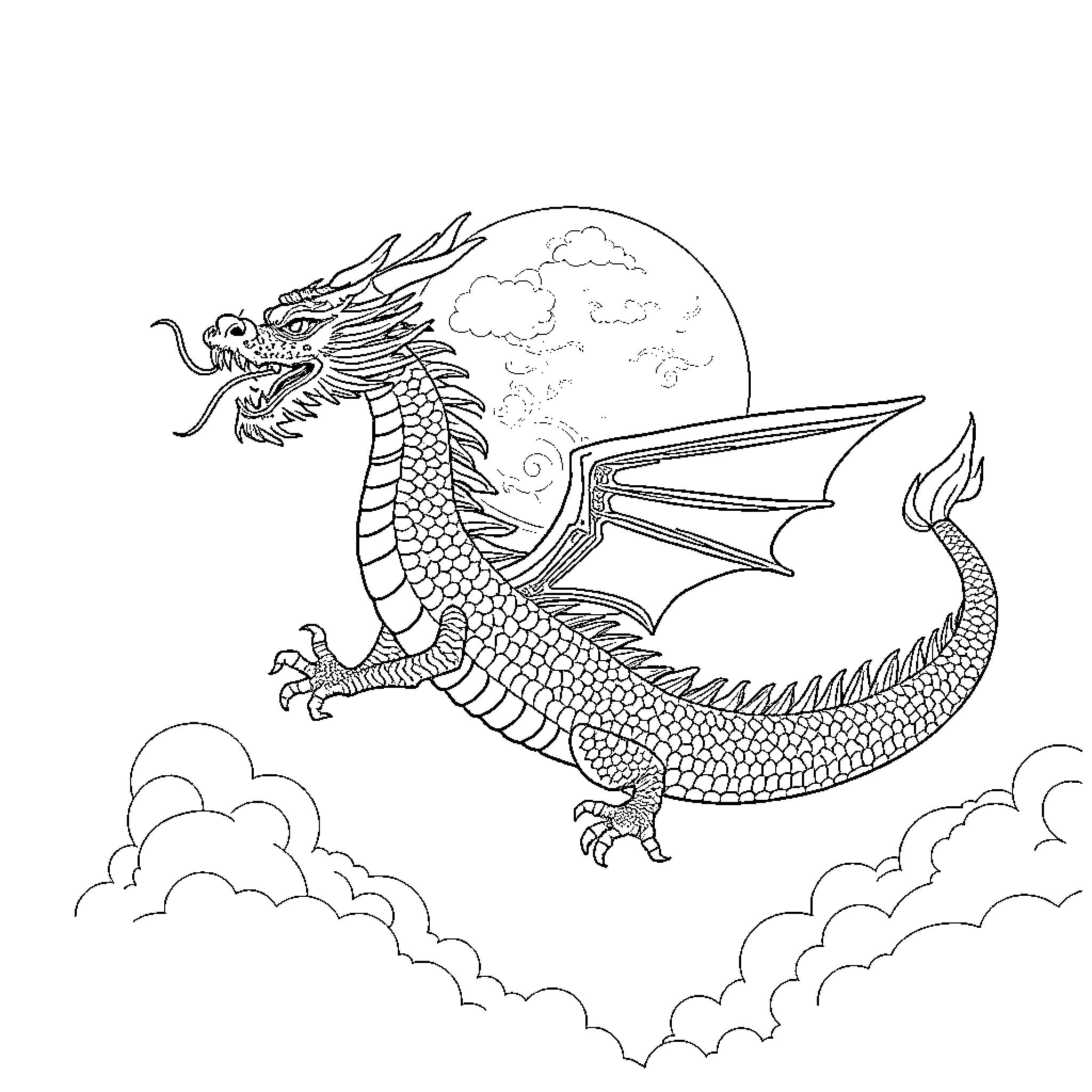 Dragon soaring through the clouds Coloring Page (free black-and-white line drawing printable PDF for all, from beginners to advanced learners, including children, teens, adults, and seniors)