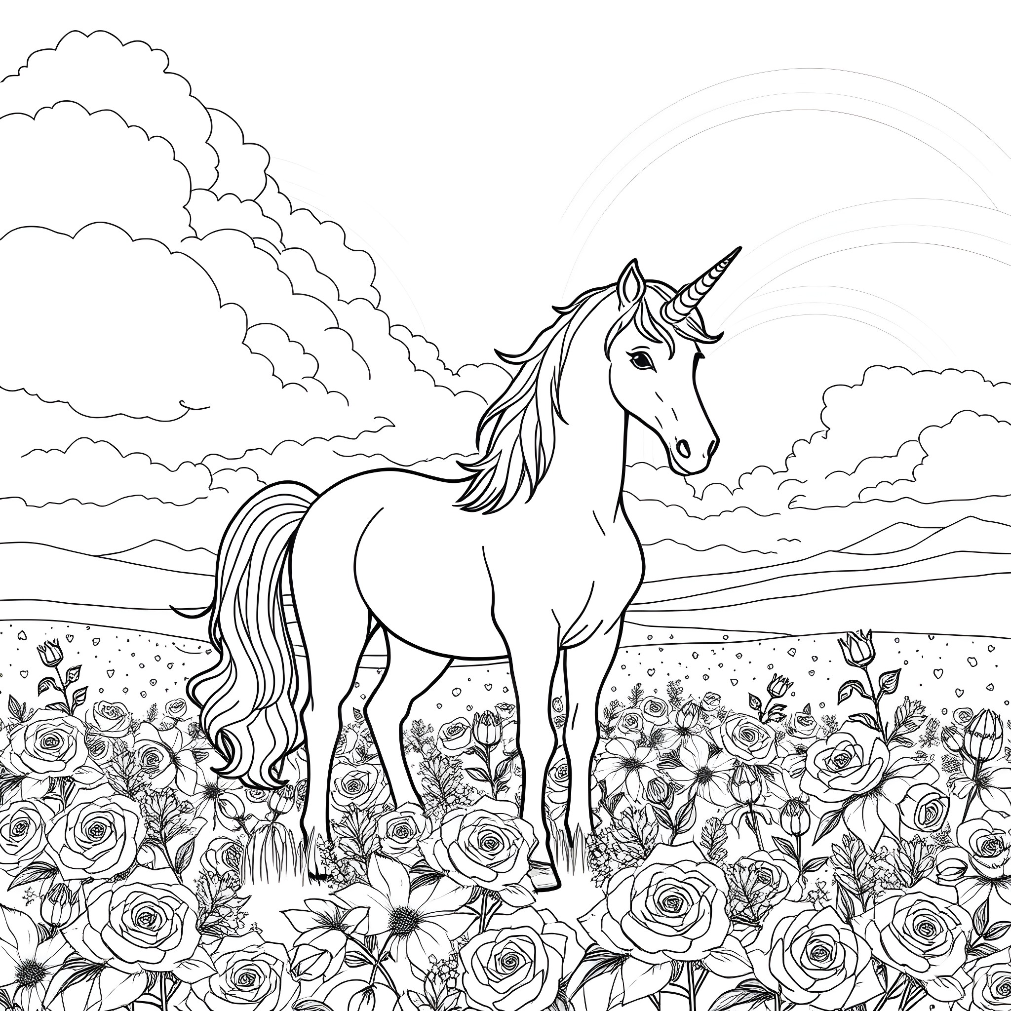 Unicorn standing amidst a field of flowers Coloring Page (free black-and-white line drawing printable PDF for all, from beginners to advanced learners, including children, teens, adults, and seniors)