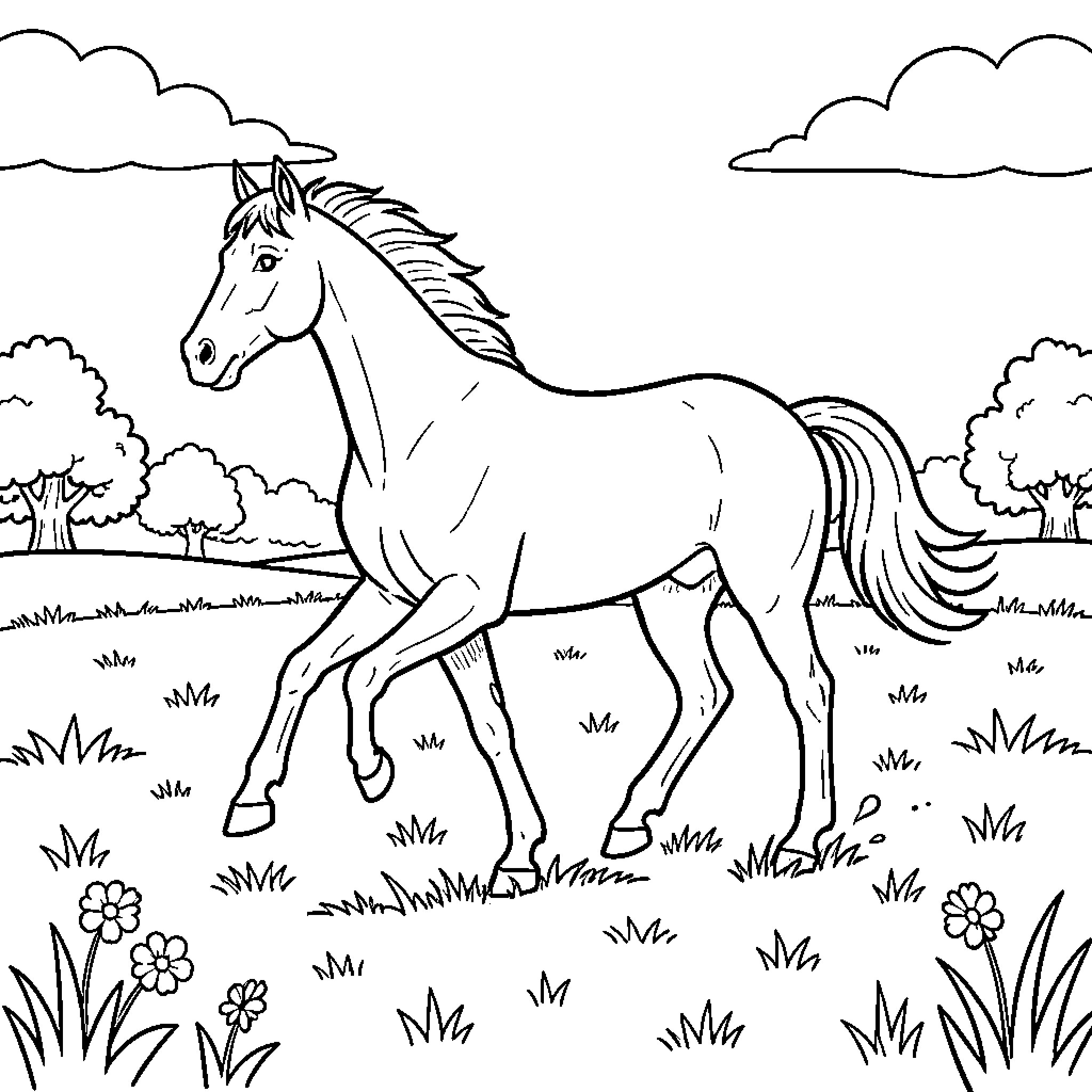 Horse galloping through a grassy field Coloring Page (free black-and-white line drawing printable PDF for all, from beginners to advanced learners, including children, teens, adults, and seniors)