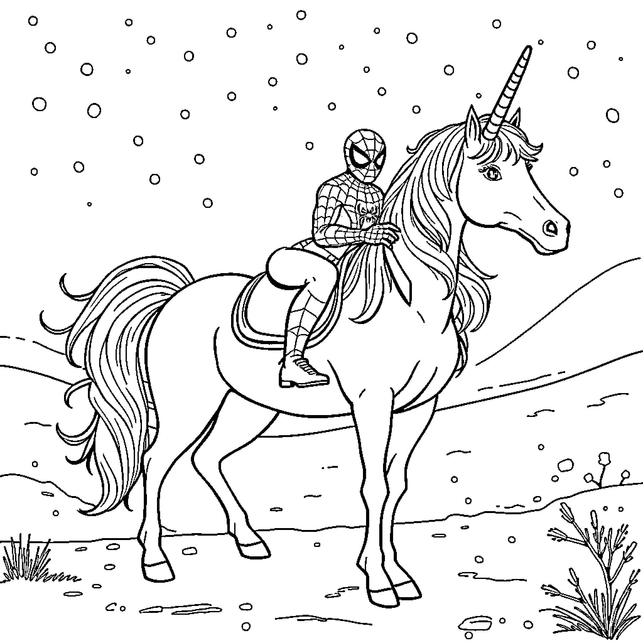 Spiderman riding a unicorn through a snowy landscape Coloring Page (free black-and-white line drawing printable PDF for all, from beginners to advanced learners, including children, teens, adults, and seniors)
