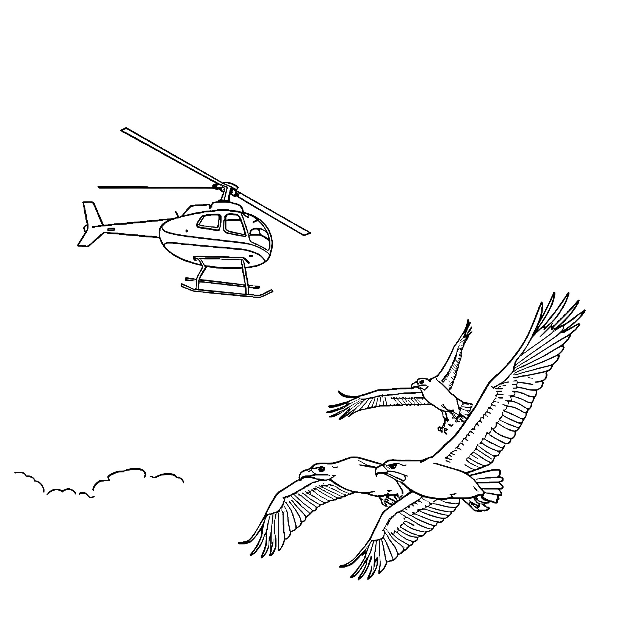 Helicopter soaring over migrating birds in the sky Coloring Page (free black-and-white line drawing printable PDF for all, from beginners to advanced learners, including children, teens, adults, and seniors)