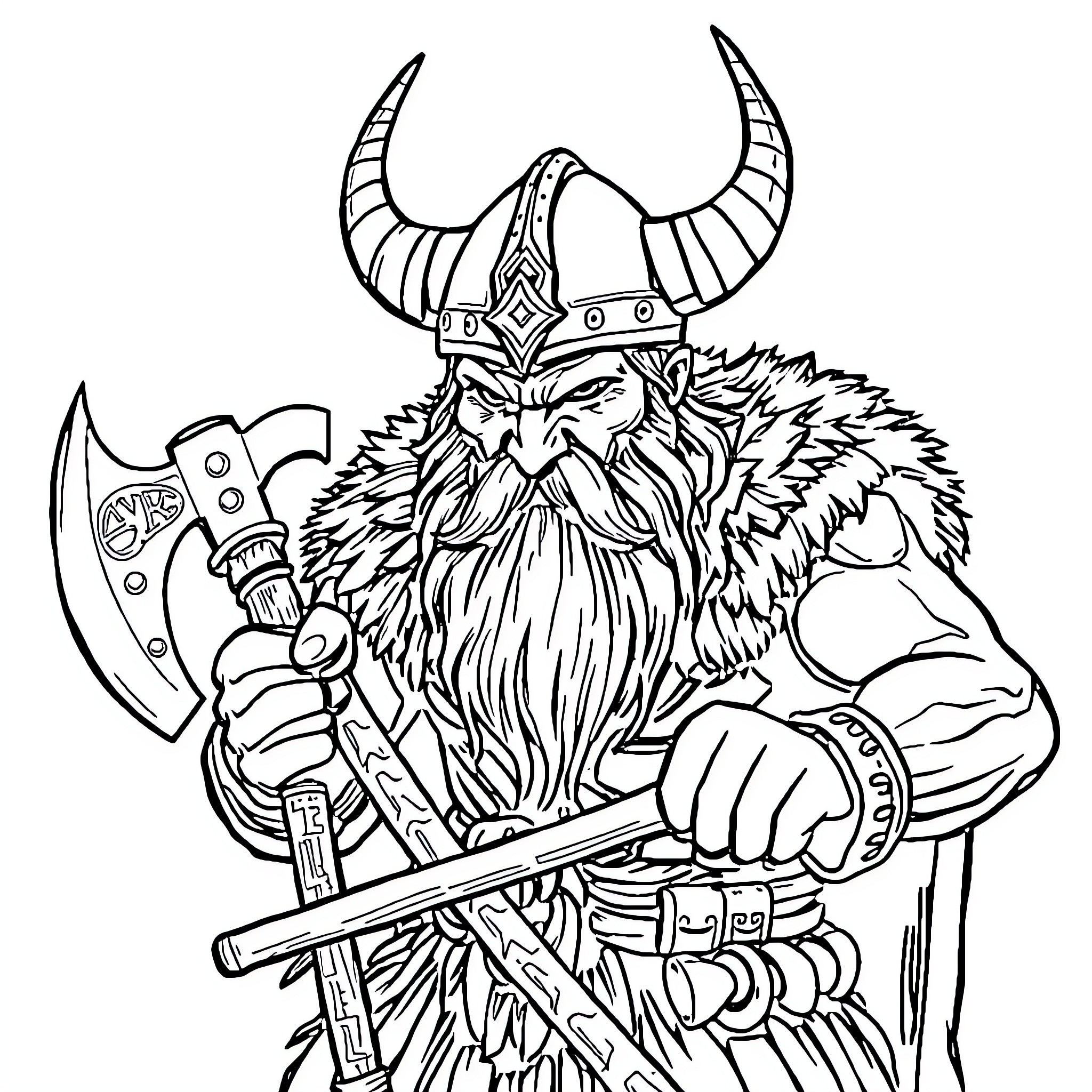 Viking Warrior Holding Axe and Sword in Fury Coloring Page (free black-and-white line drawing printable PDF for all, from beginners to advanced learners, including children, teens, adults, and seniors)
