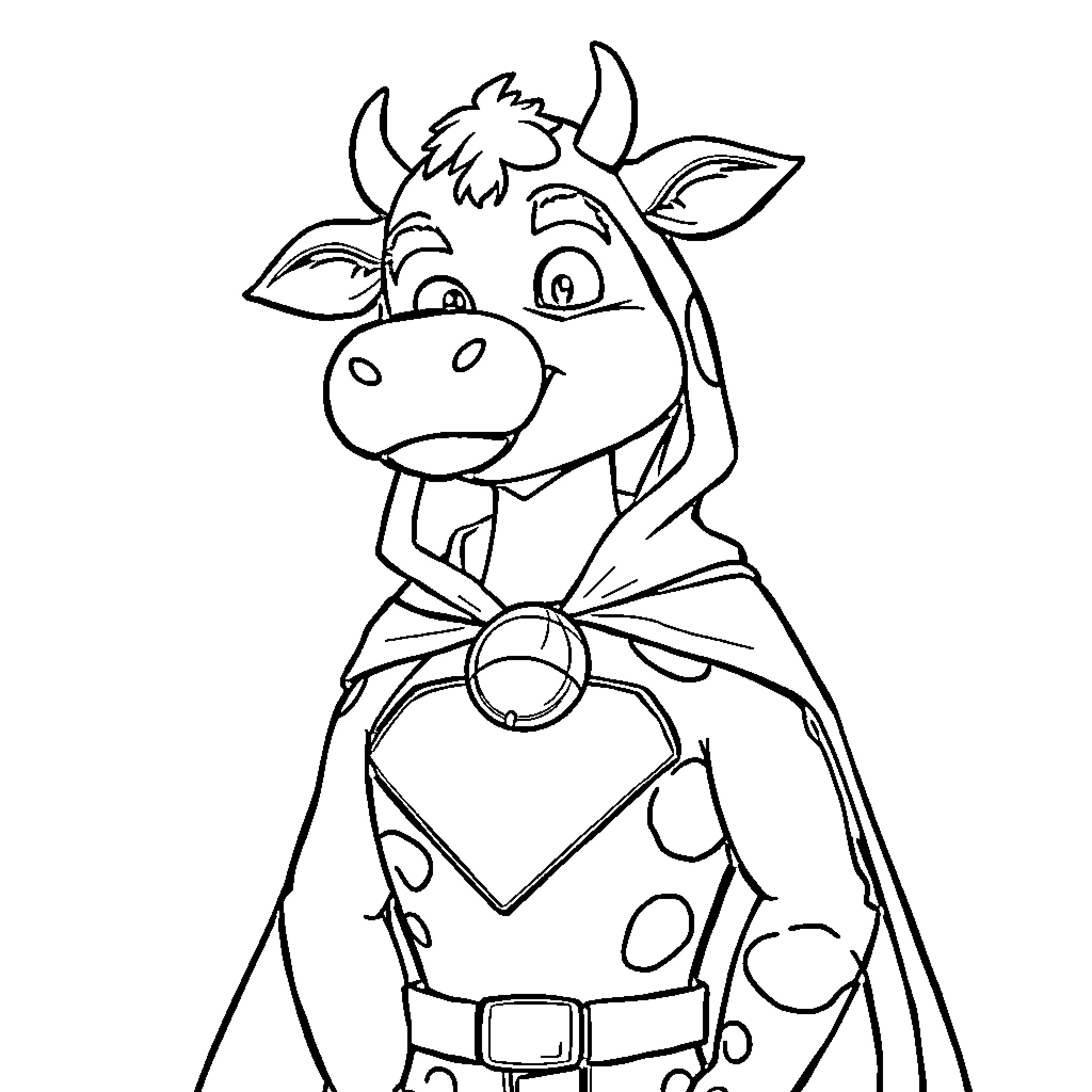 Superman Cow in Polka Dot Outfit Coloring Page (free black-and-white line drawing printable PDF for all, from beginners to advanced learners, including children, teens, adults, and seniors)