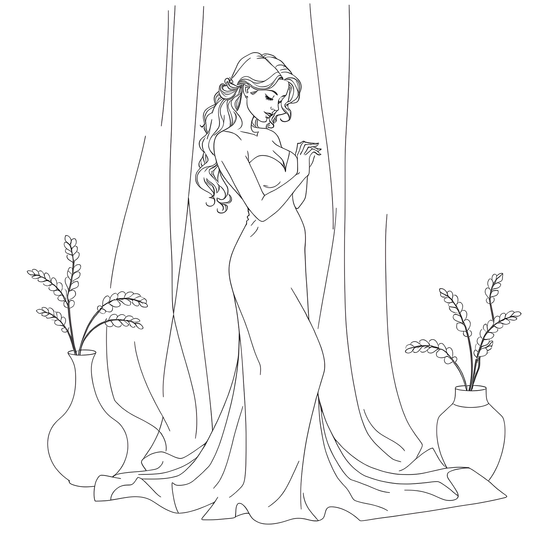 Girlfriend in elegant wedding dress posing gracefully Coloring Page (free black-and-white line drawing printable PDF for all, from beginners to advanced learners, including children, teens, adults, and seniors)