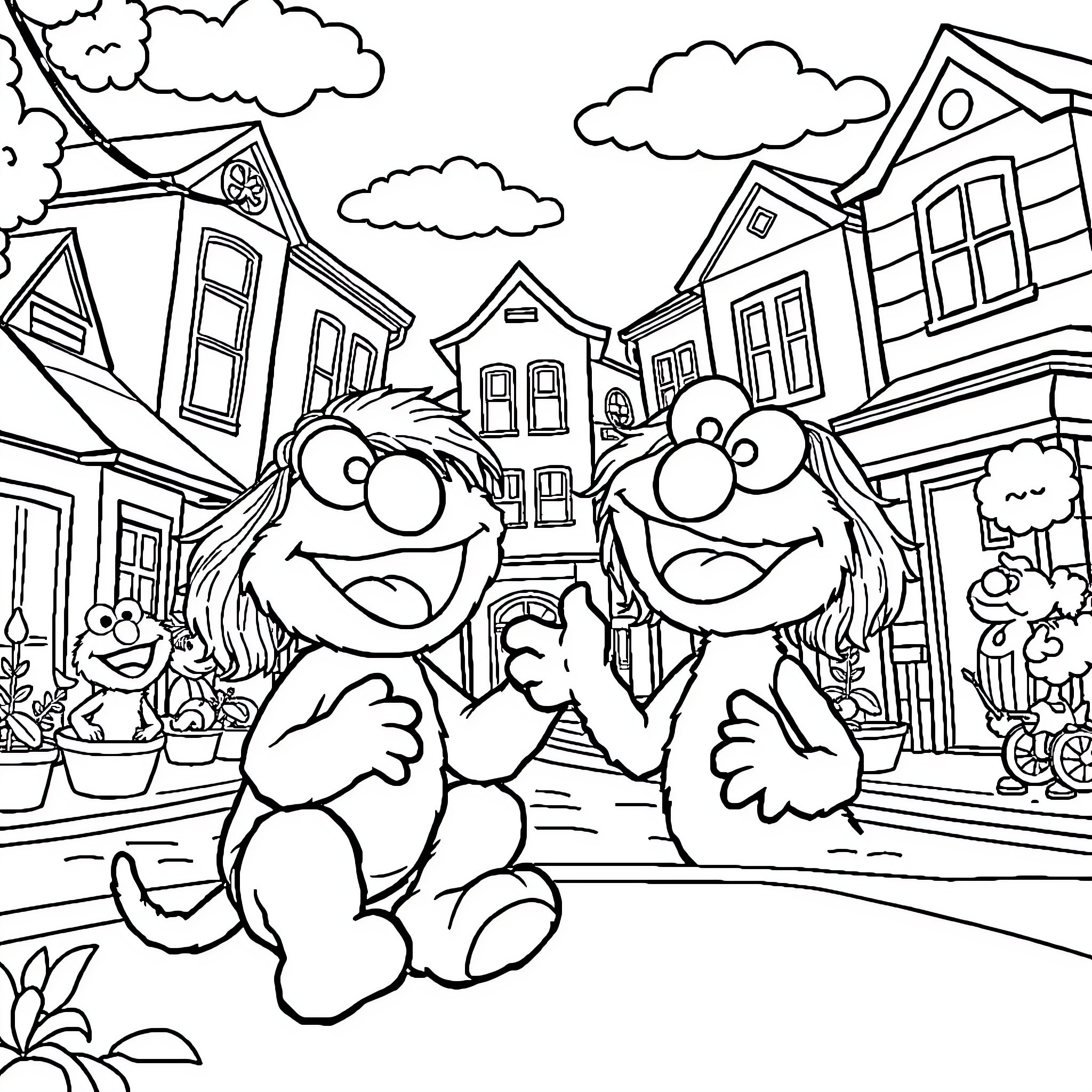 Elmo and Friends Exploring the Neighborhood Coloring Page (free black-and-white line drawing printable PDF for all, from beginners to advanced learners, including children, teens, adults, and seniors)