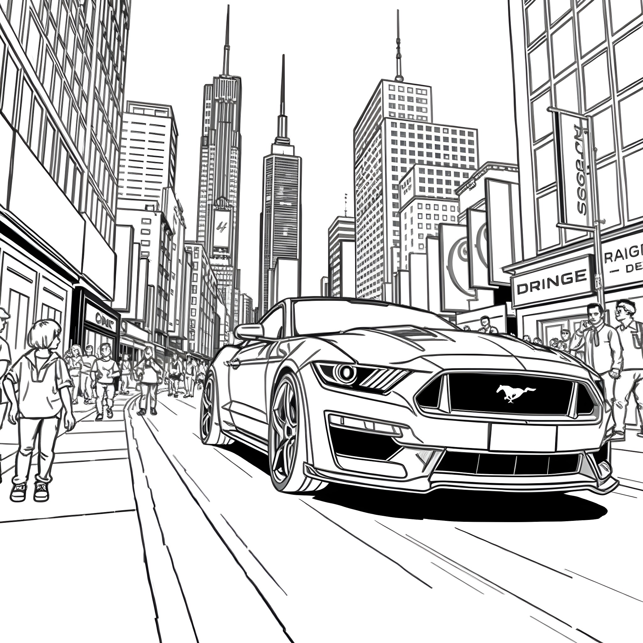 Mustang sports car racing through bustling city streets Coloring Page (free black-and-white line drawing printable PDF for all, from beginners to advanced learners, including children, teens, adults, and seniors)