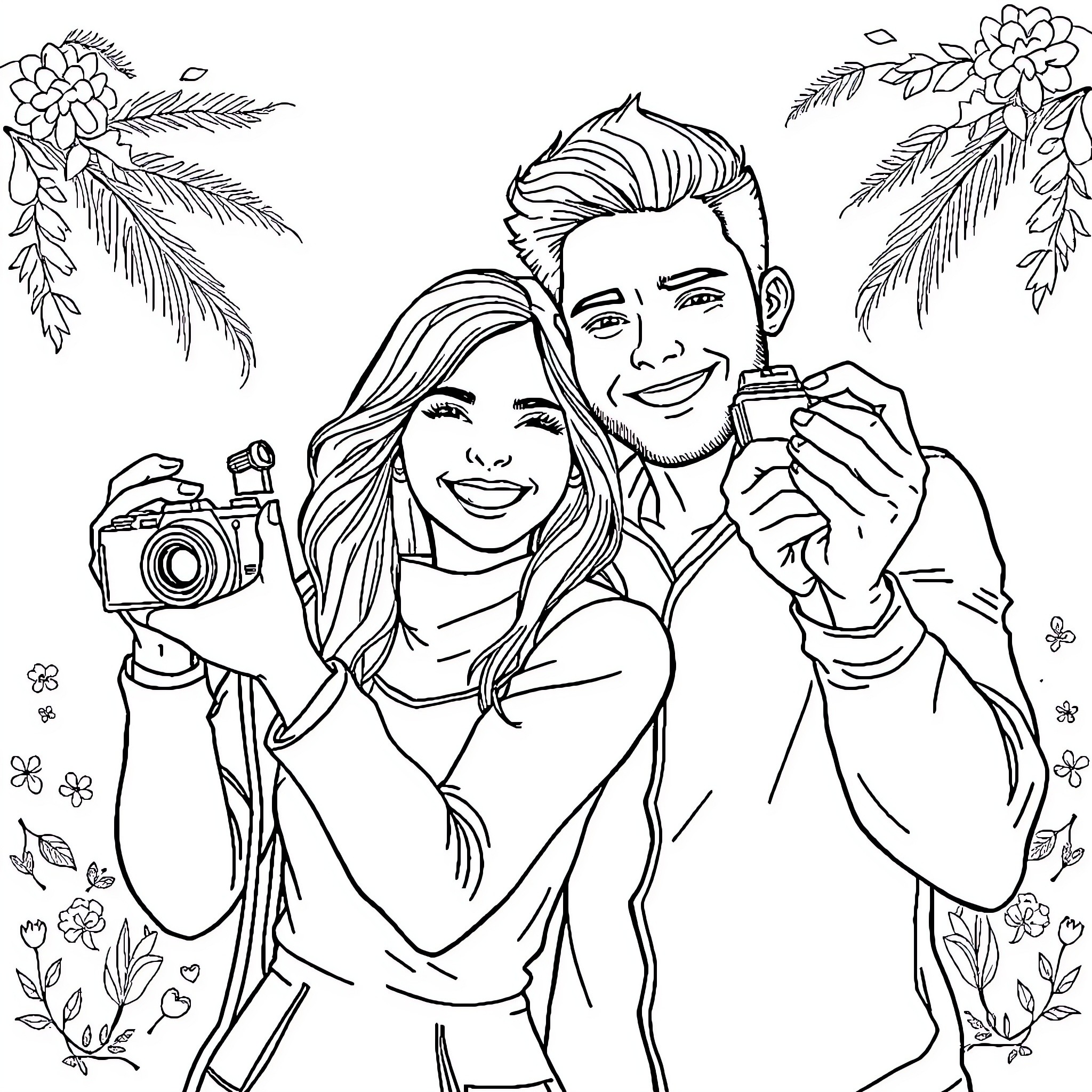 Lovers capturing moments together in nature Coloring Page (free black-and-white line drawing printable PDF for all, from beginners to advanced learners, including children, teens, adults, and seniors)