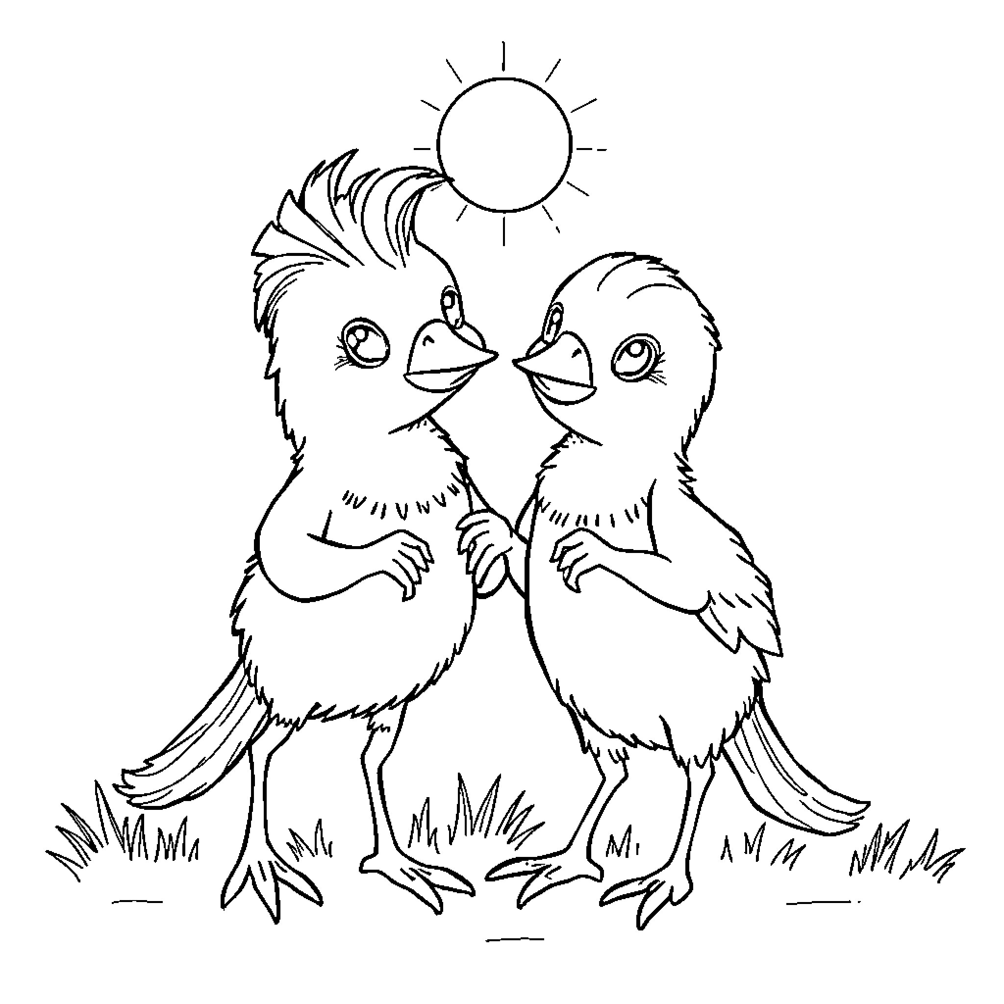 Sister chicks playing in the sunshine Coloring Page (free black-and-white line drawing printable PDF for all, from beginners to advanced learners, including children, teens, adults, and seniors)