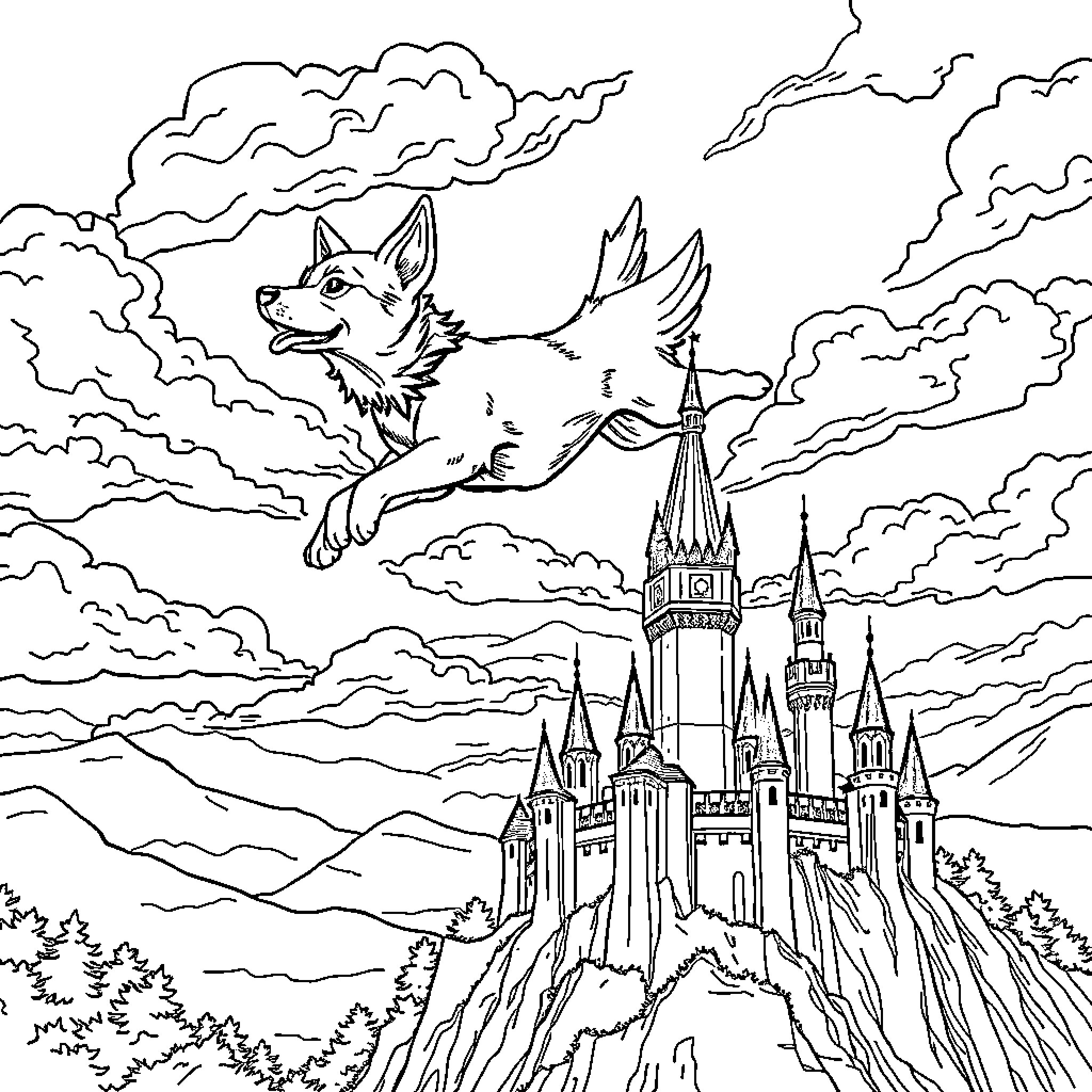 Flying Dog Soaring Above Enchanted Castle Coloring Page (free black-and-white line drawing printable PDF for all, from beginners to advanced learners, including children, teens, adults, and seniors)