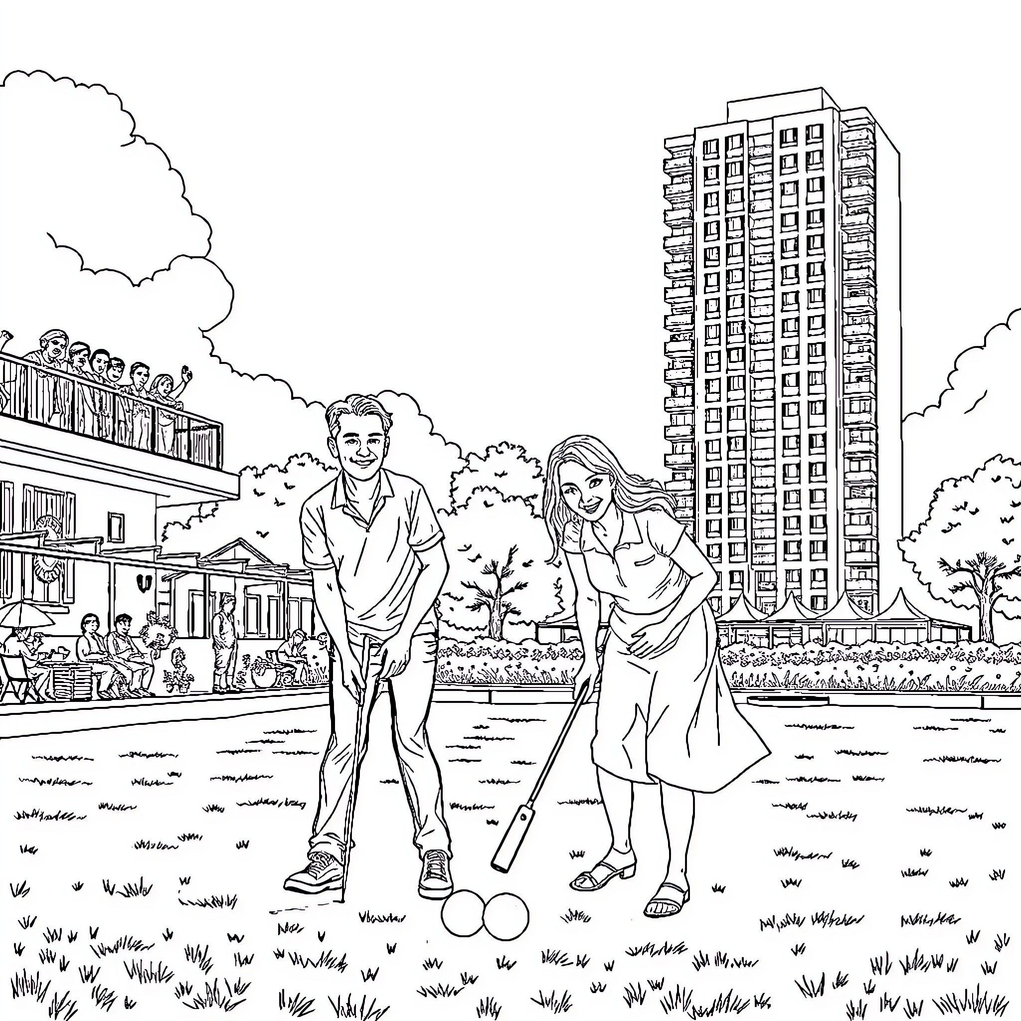 Couple playing lawn games in urban setting Coloring Page (free black-and-white line drawing printable PDF for all, from beginners to advanced learners, including children, teens, adults, and seniors)