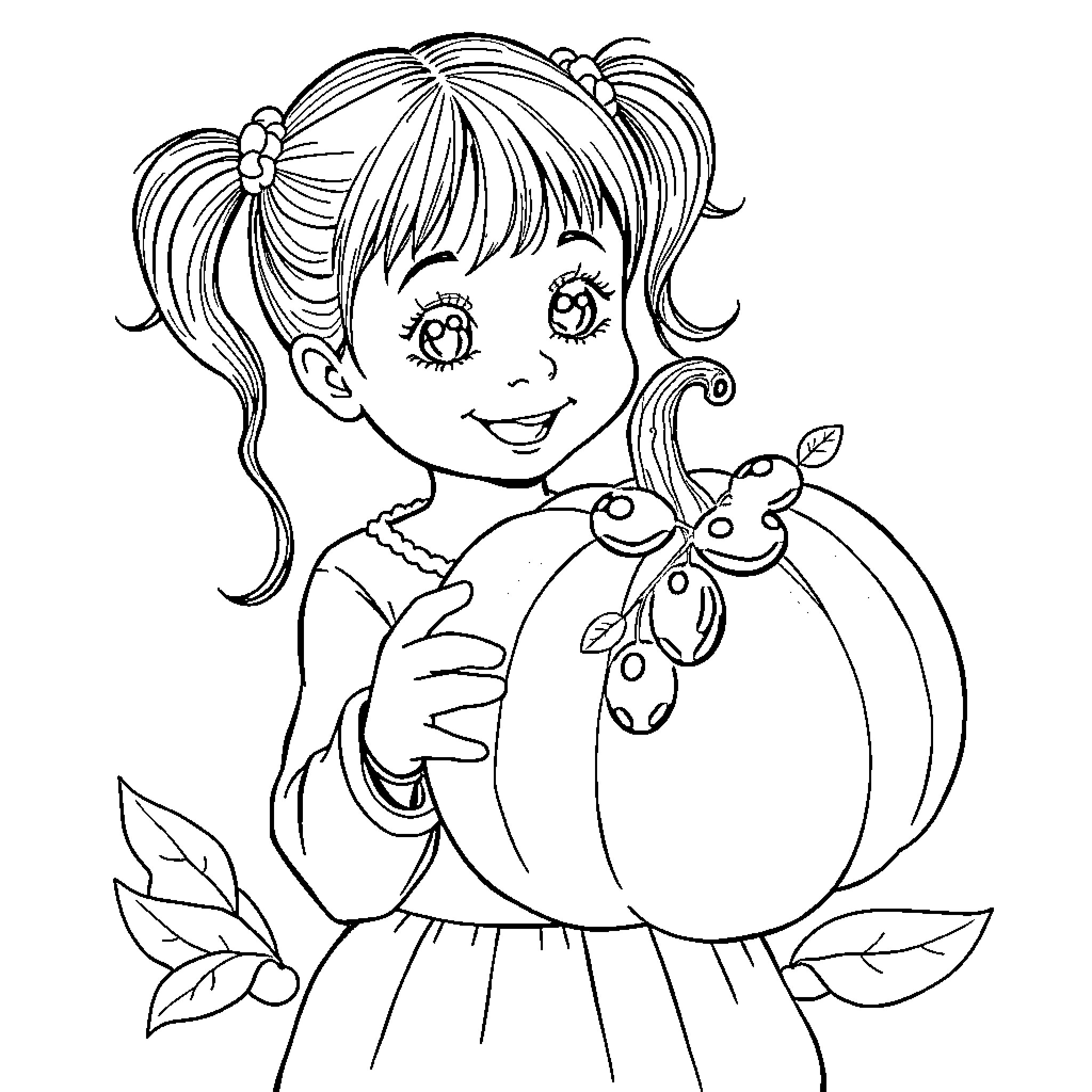 Girl holding a whimsical pumpkin ornament Coloring Page (free black-and-white line drawing printable PDF for all, from beginners to advanced learners, including children, teens, adults, and seniors)