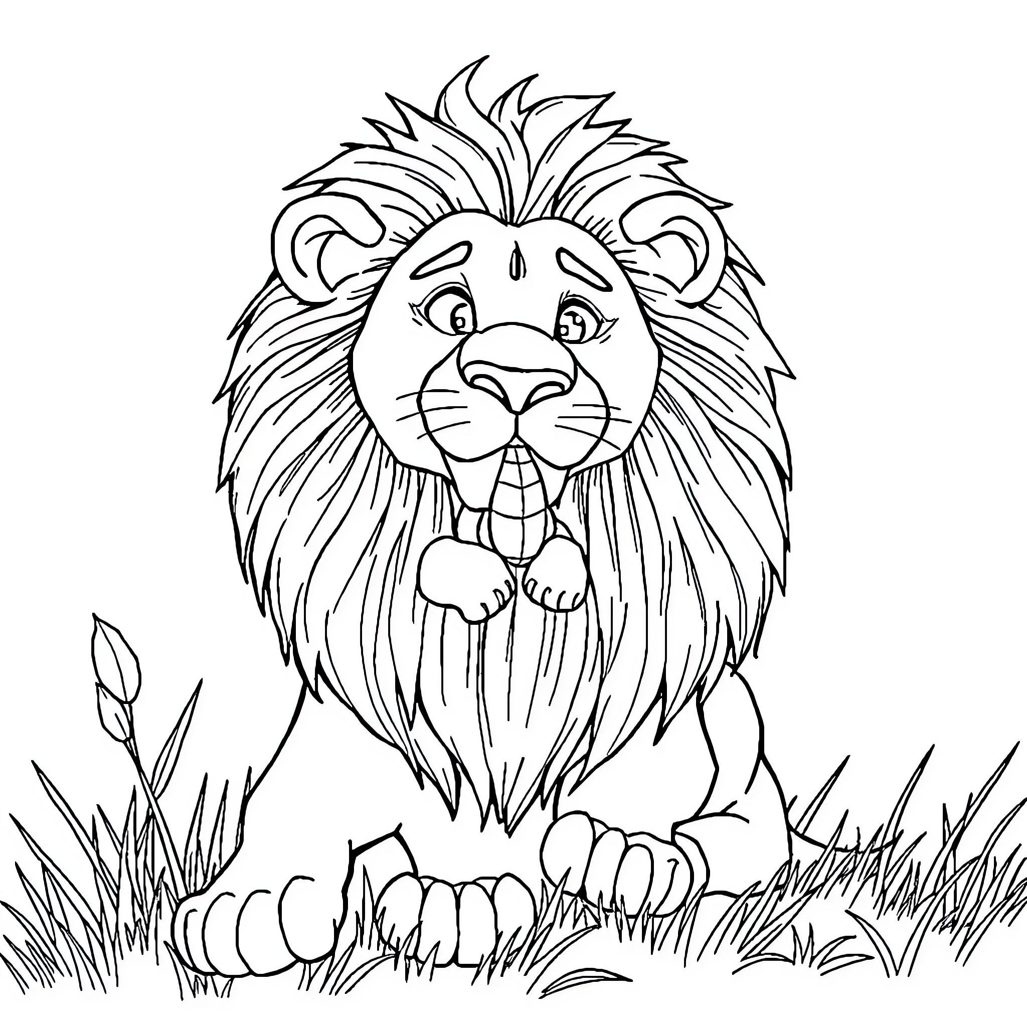 Grain Lion in Grassy Field Coloring Page (free black-and-white line drawing printable PDF for all, from beginners to advanced learners, including children, teens, adults, and seniors)