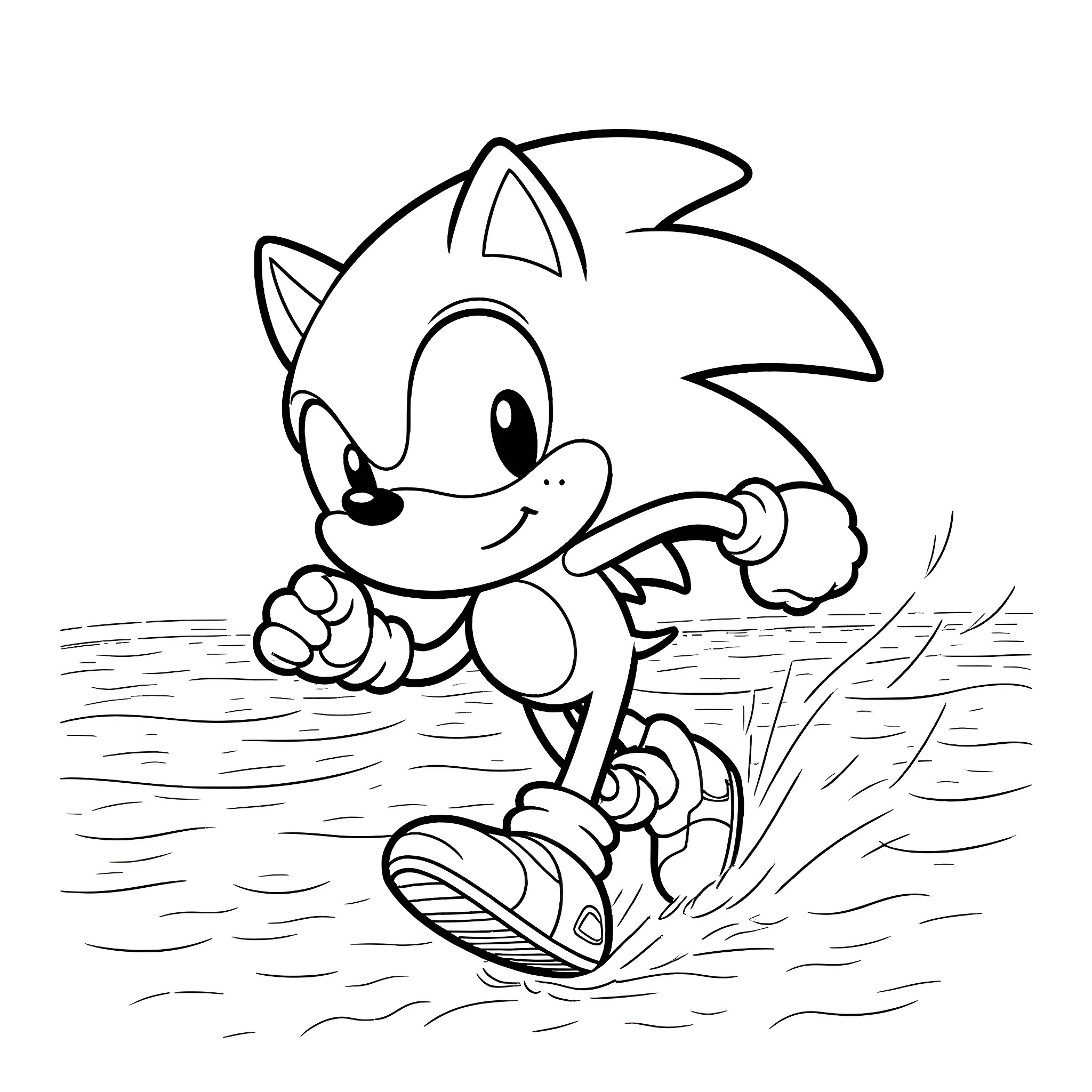 Sonic running and jumping on the ground Coloring Page (free black-and-white line drawing printable PDF for all, from beginners to advanced learners, including children, teens, adults, and seniors)