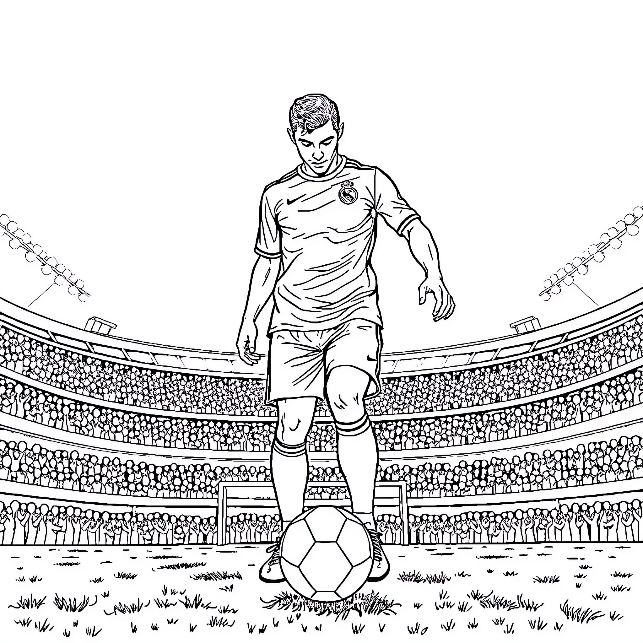 Cristiano Ronaldo playing soccer in the stadium Coloring Page (free black-and-white line drawing printable PDF for all, from beginners to advanced learners, including children, teens, adults, and seniors)