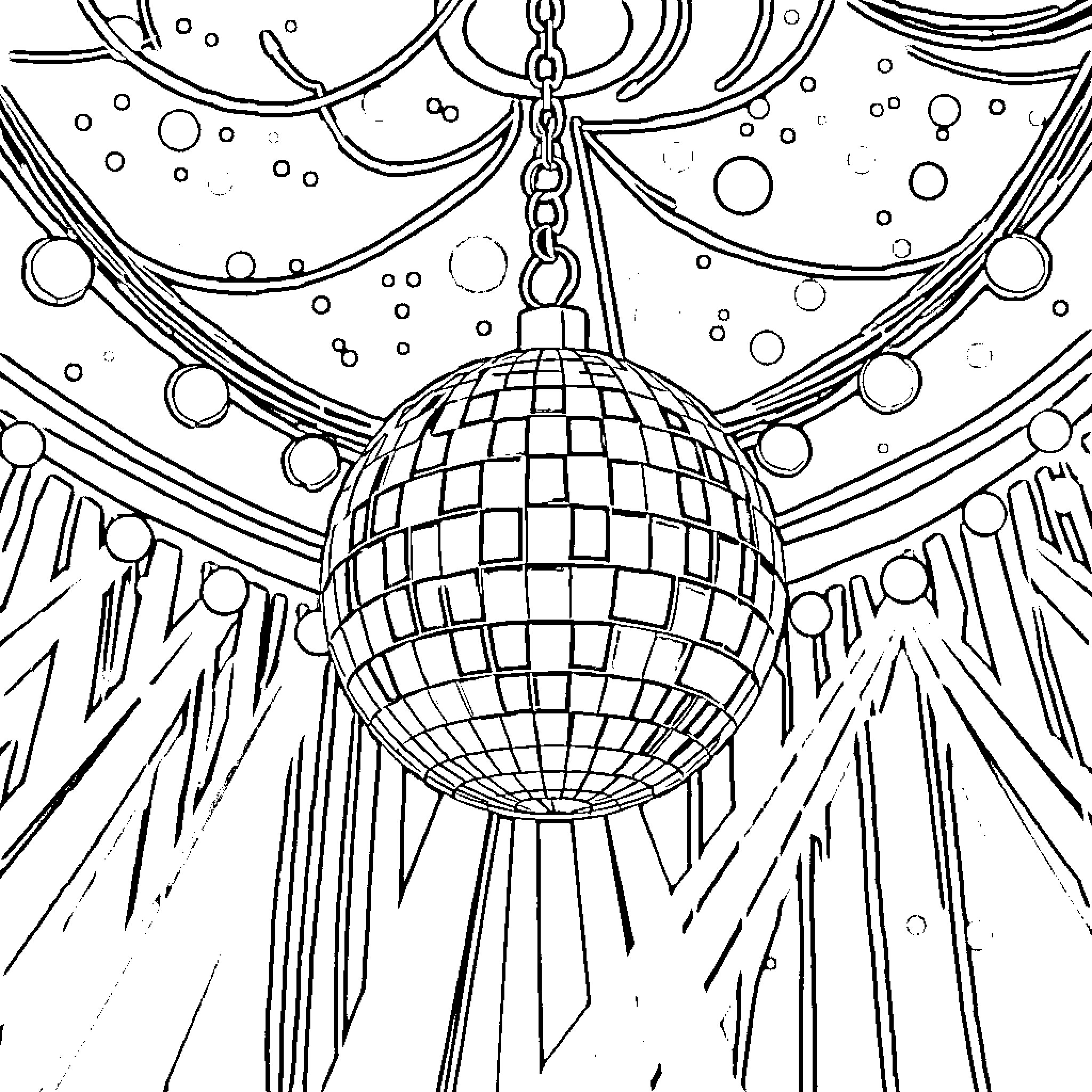 Disco Ball Shining in Festive Atmosphere Coloring Page (free black-and-white line drawing printable PDF for all, from beginners to advanced learners, including children, teens, adults, and seniors)