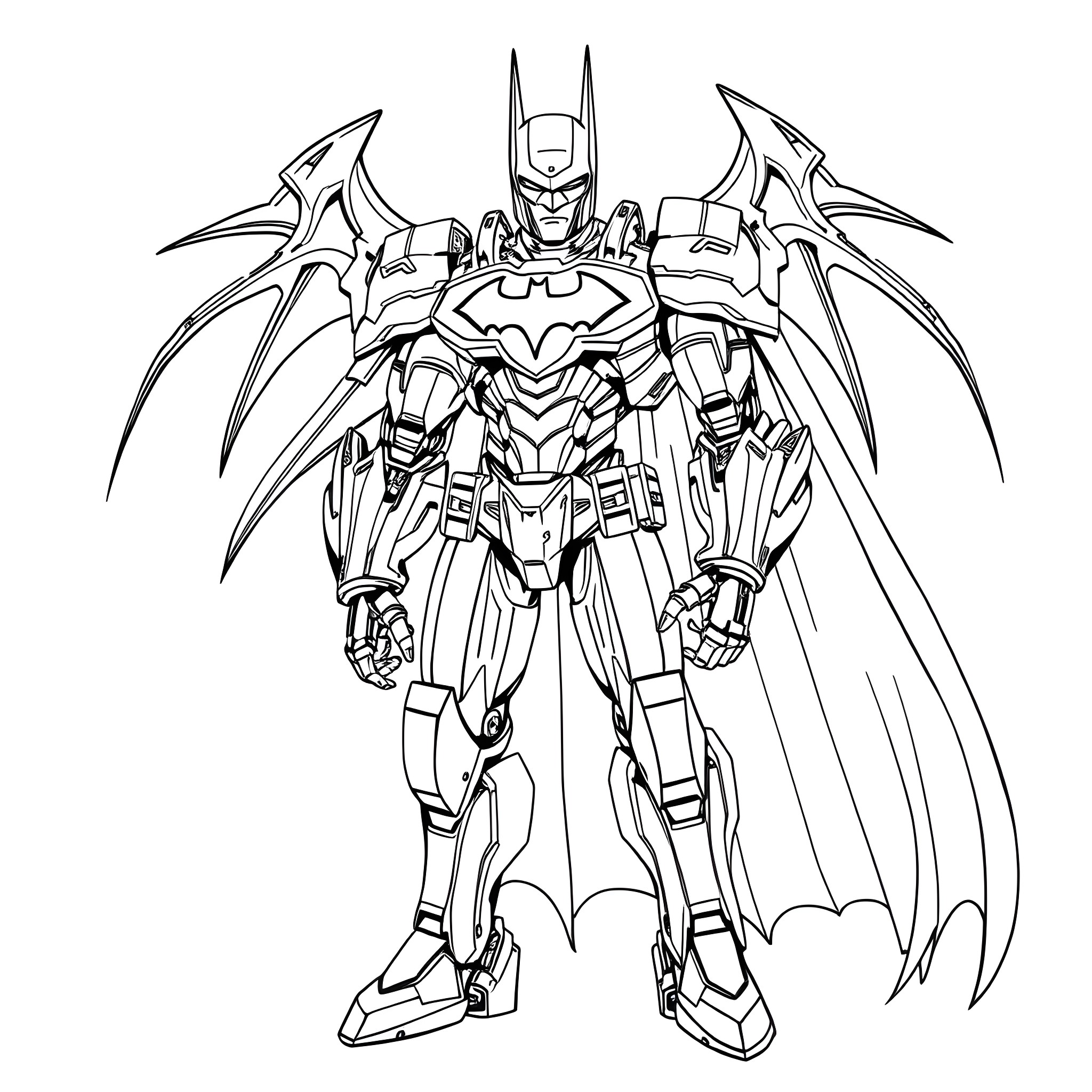 Mecha Batman in Heroic Pose with Advanced Armored Suit Coloring Page (free black-and-white line drawing printable PDF for all, from beginners to advanced learners, including children, teens, adults, and seniors)