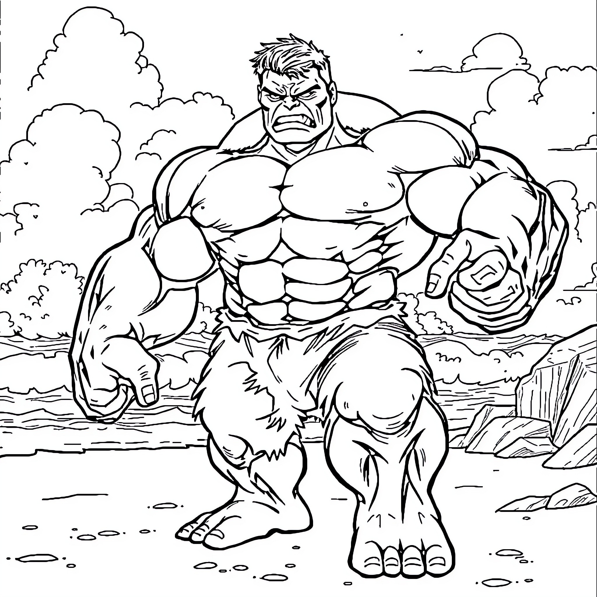 Hulk unleashes his might in an outdoor scene Coloring Page (free black-and-white line drawing printable PDF for all, from beginners to advanced learners, including children, teens, adults, and seniors)