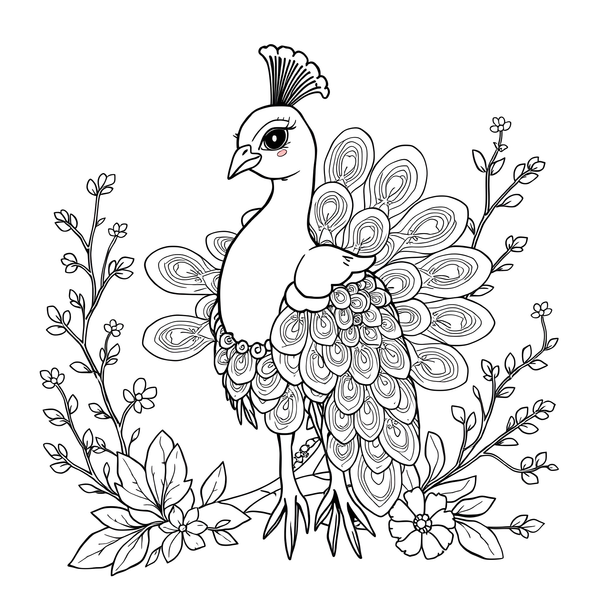 Peacock surrounded by floral designs Coloring Page (free black-and-white line drawing printable PDF for all, from beginners to advanced learners, including children, teens, adults, and seniors)