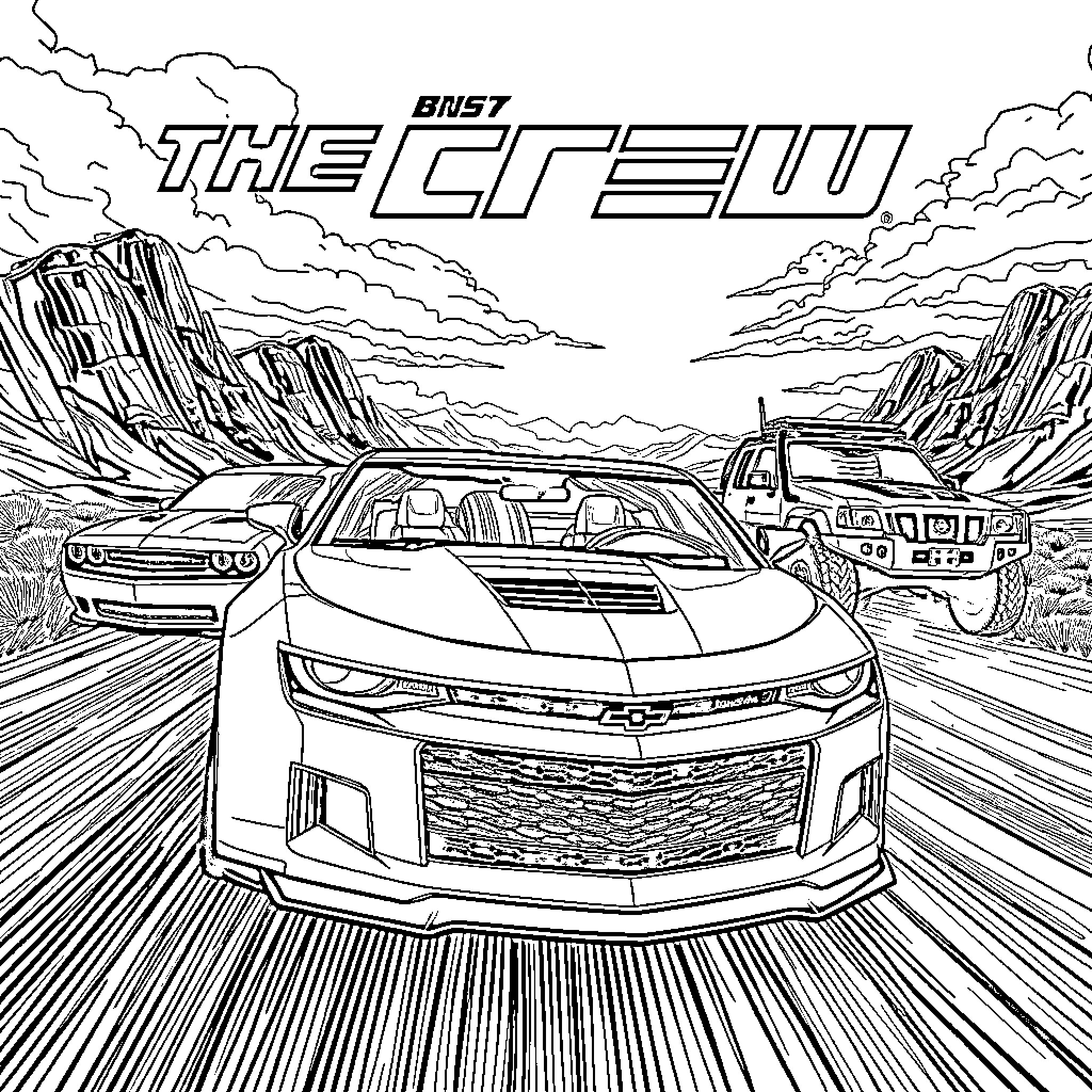 Car racing on a winding road in the desert Coloring Page (free black-and-white line drawing printable PDF for all, from beginners to advanced learners, including children, teens, adults, and seniors)