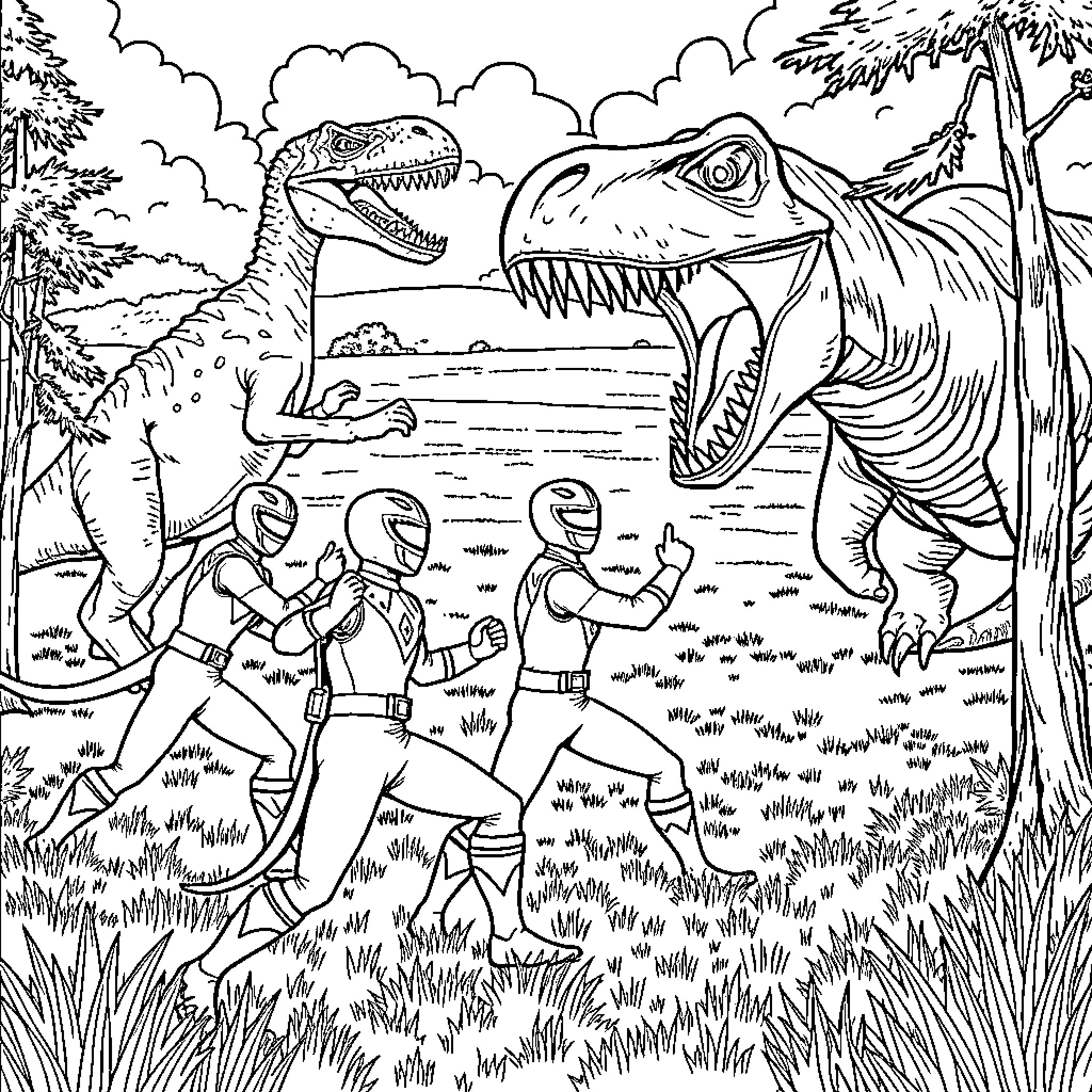 Power Rangers facing off against dinosaurs in the wilderness Coloring Page (free black-and-white line drawing printable PDF for all, from beginners to advanced learners, including children, teens, adults, and seniors)