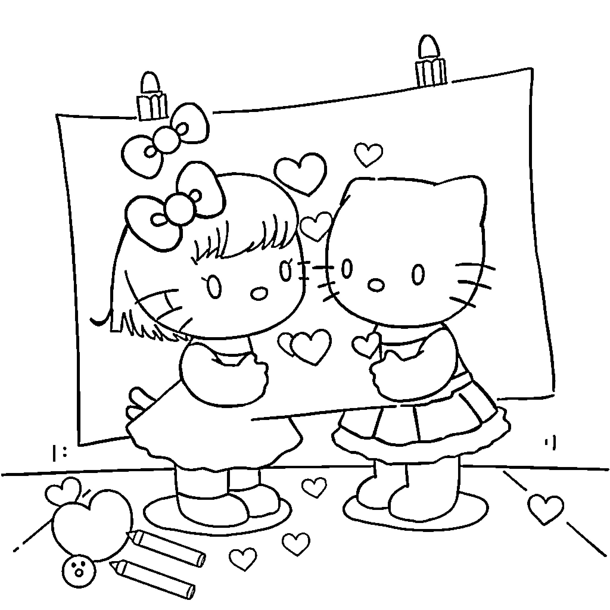 Hello Kitty friends drawing hearts on a wall Coloring Page (free black-and-white line drawing printable PDF for all, from beginners to advanced learners, including children, teens, adults, and seniors)