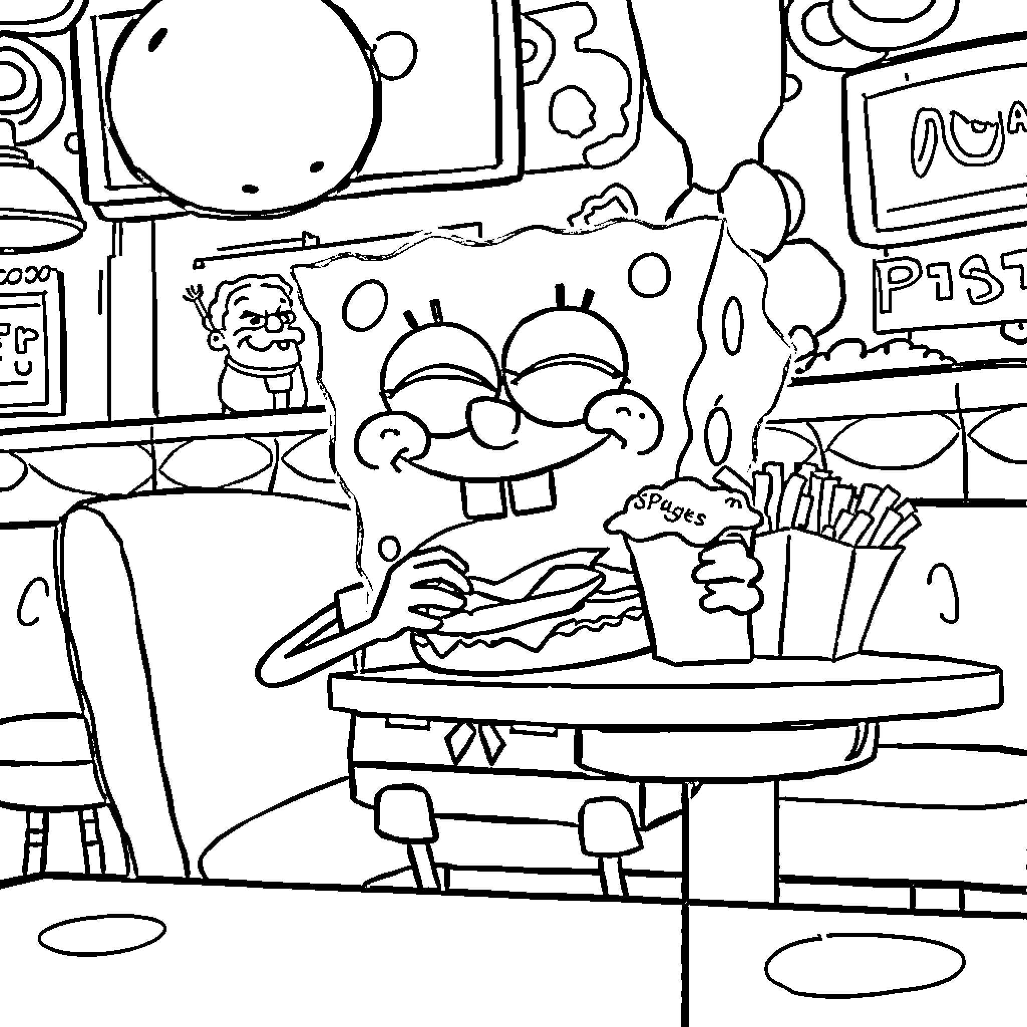 Spongebob enjoying a fast food meal Coloring Page (free black-and-white line drawing printable PDF for all, from beginners to advanced learners, including children, teens, adults, and seniors)
