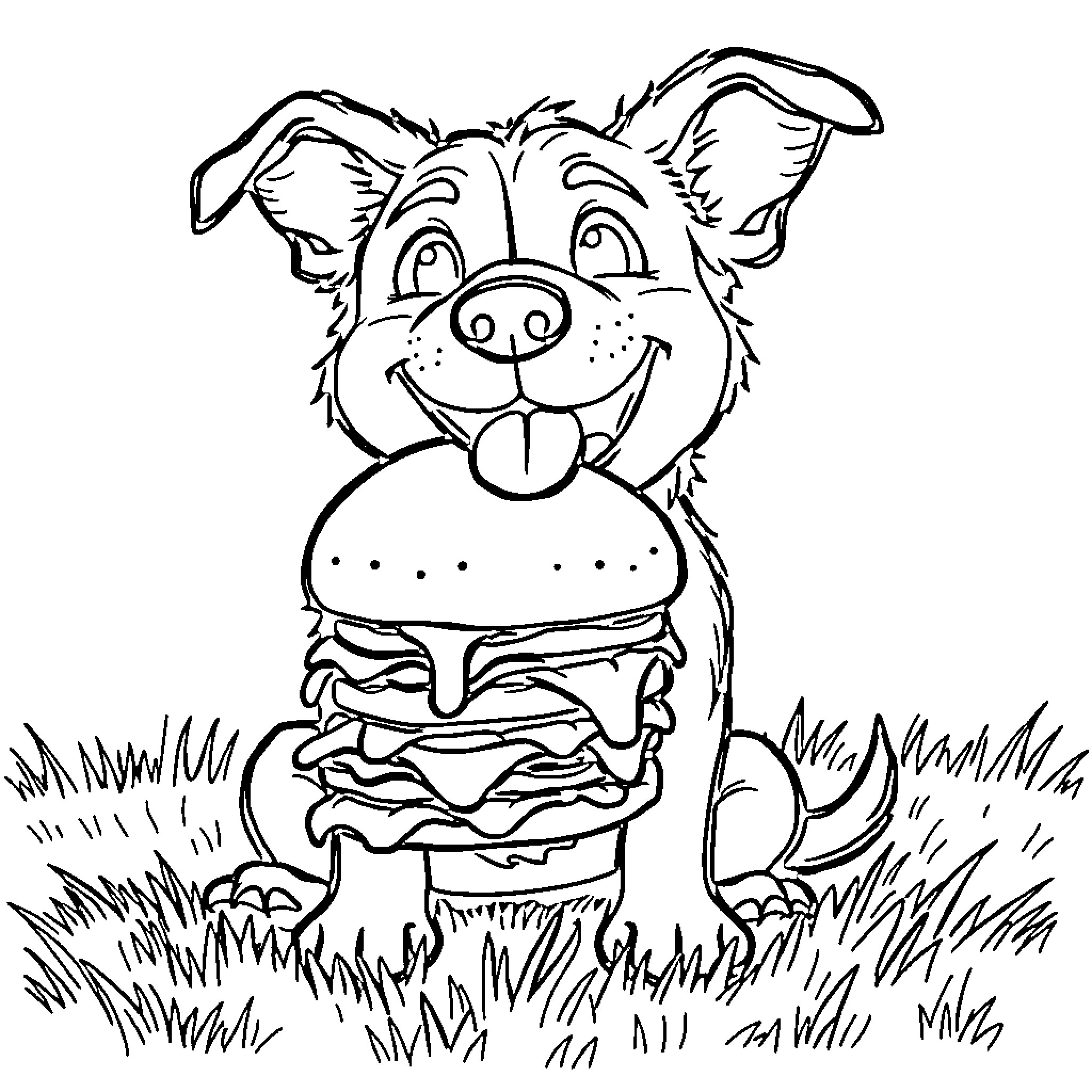 Dog enjoying a tasty burger in the grass Coloring Page (free black-and-white line drawing printable PDF for all, from beginners to advanced learners, including children, teens, adults, and seniors)