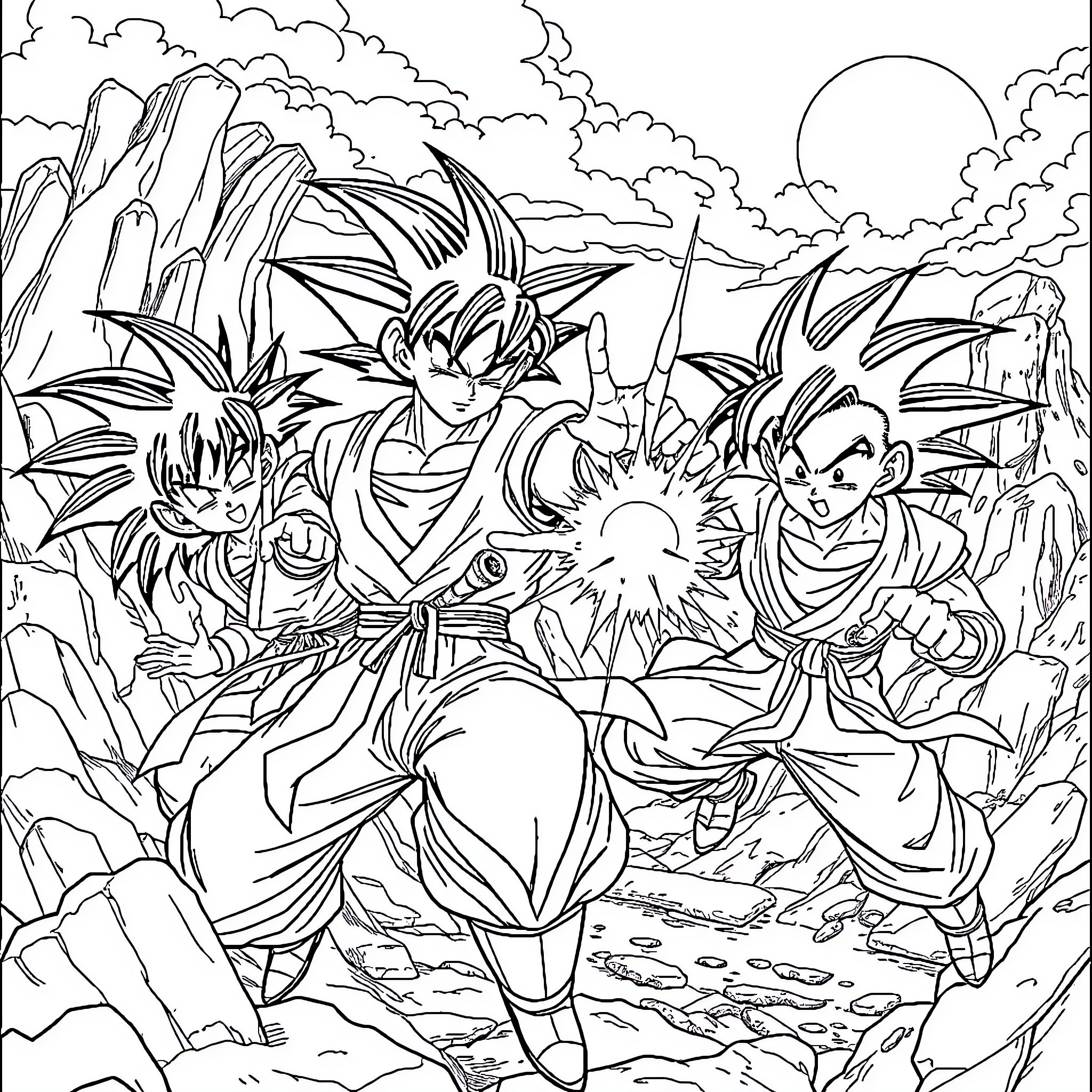 Dragon Ball Z Characters in Dramatic Action Poses Coloring Page (free black-and-white line drawing printable PDF for all, from beginners to advanced learners, including children, teens, adults, and seniors)