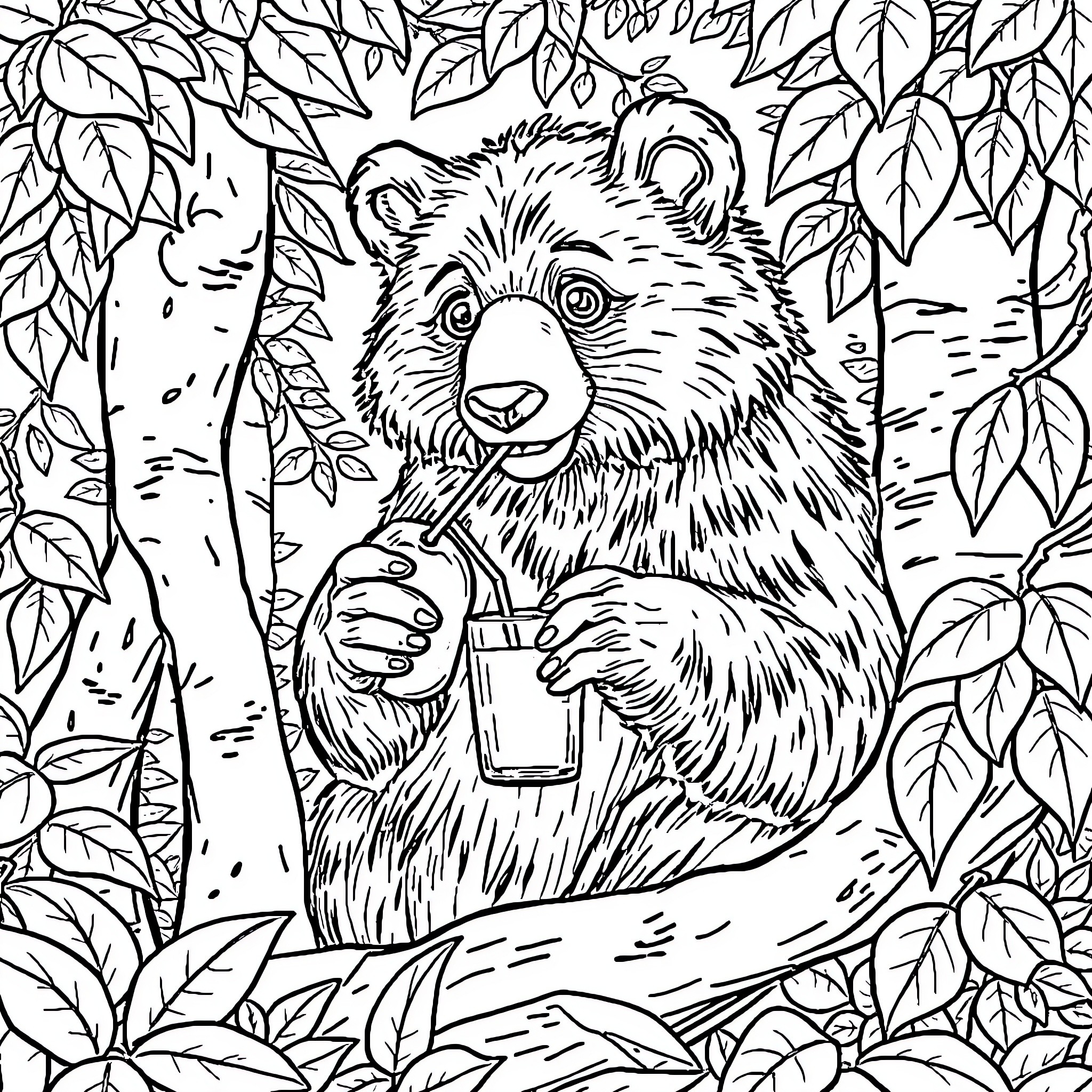 Bear enjoying a refreshing drink in the forest Coloring Page (free black-and-white line drawing printable PDF for all, from beginners to advanced learners, including children, teens, adults, and seniors)