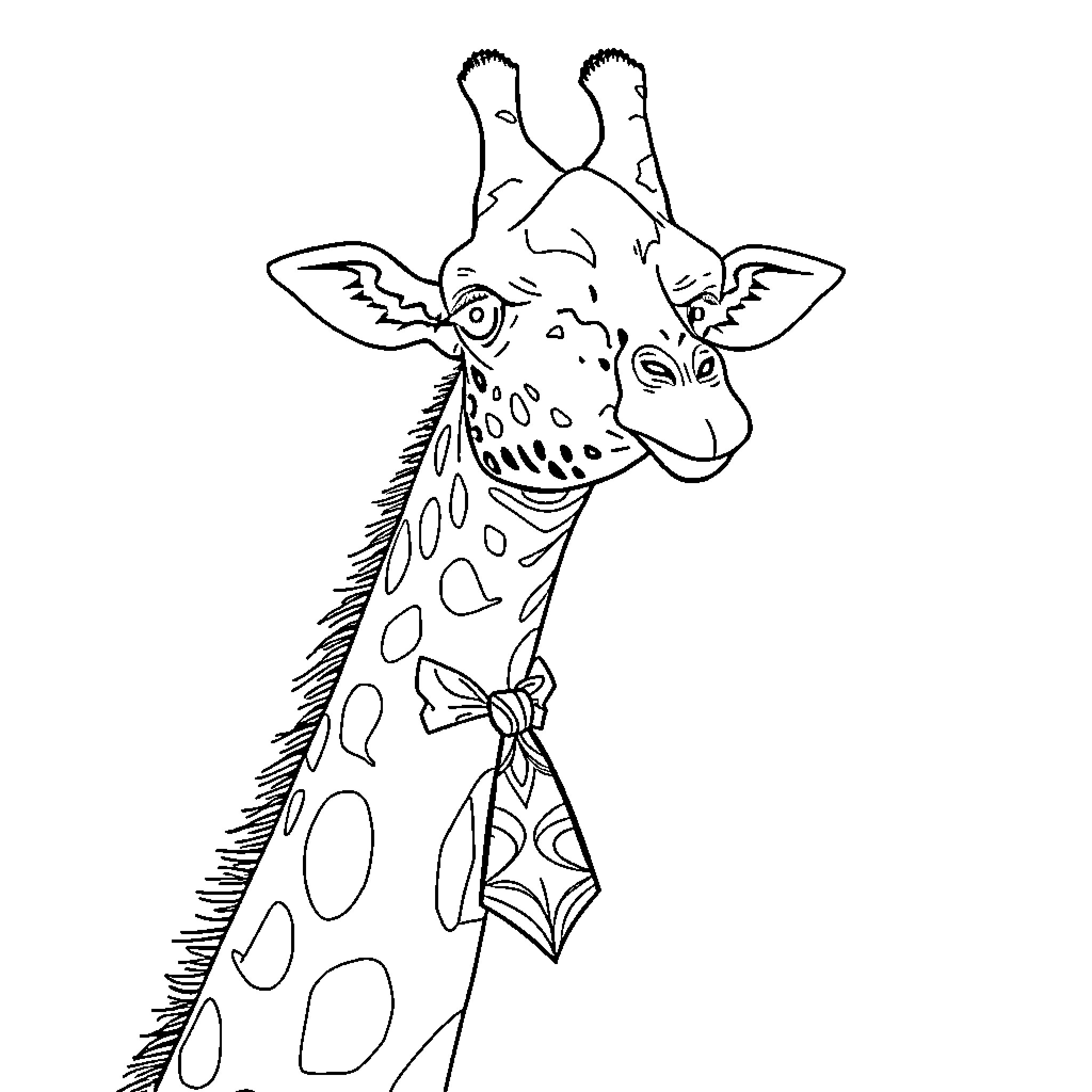 Giraffe with a Playful Expression Coloring Page (free black-and-white line drawing printable PDF for all, from beginners to advanced learners, including children, teens, adults, and seniors)
