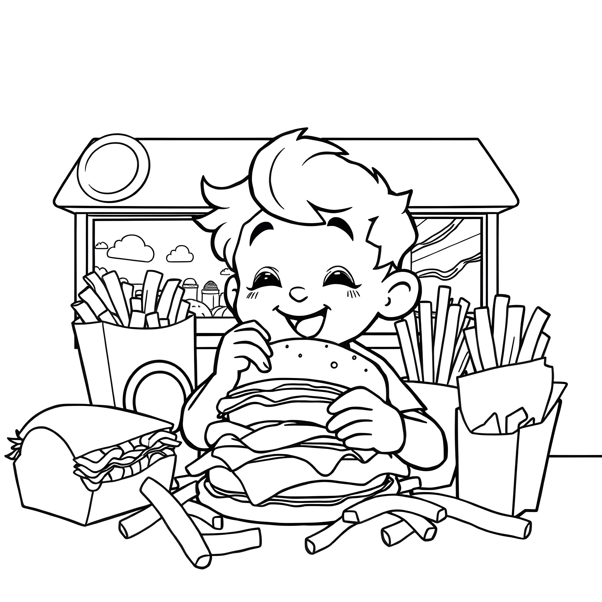 Lady Enjoying a Tasty Burger Coloring Page (free black-and-white line drawing printable PDF for all, from beginners to advanced learners, including children, teens, adults, and seniors)