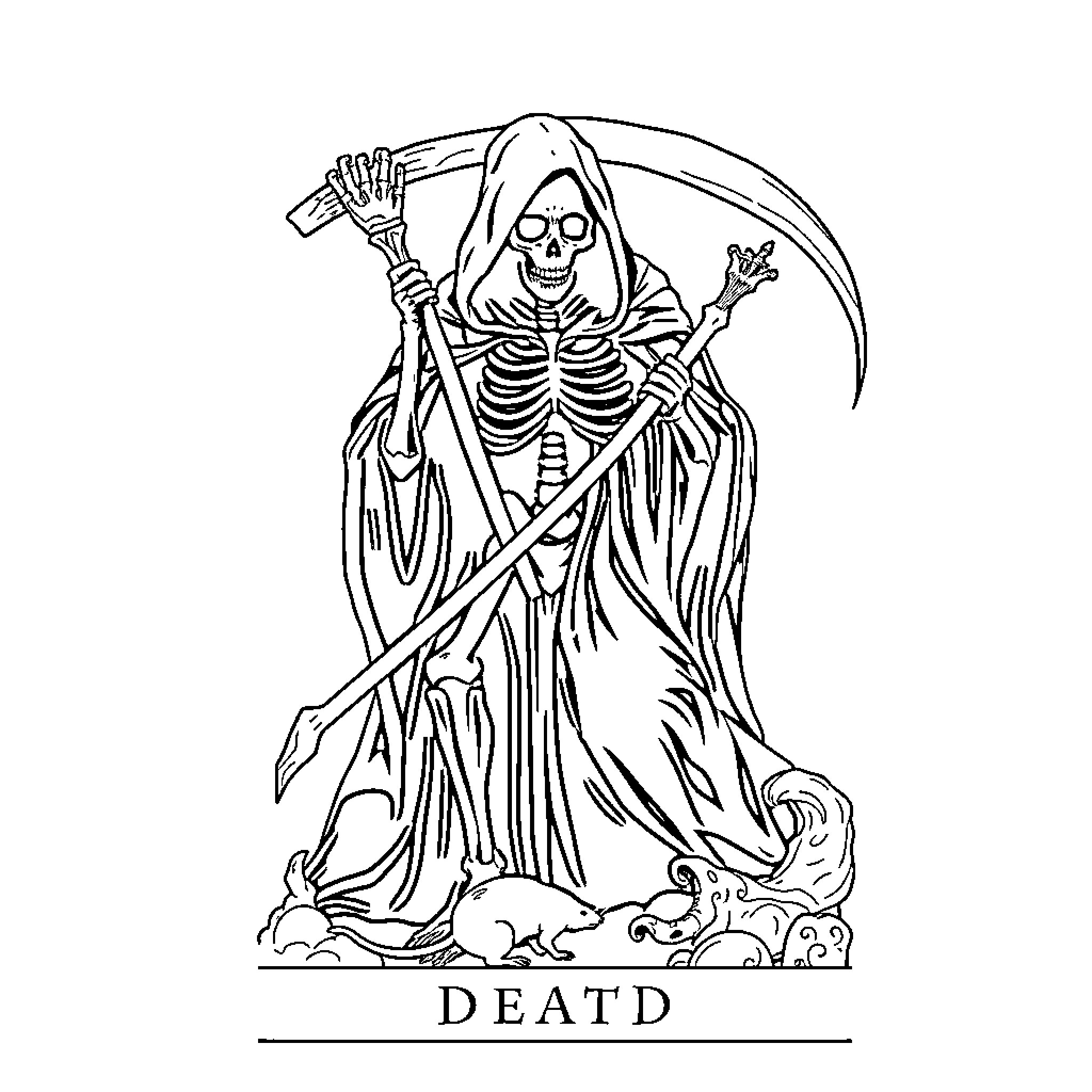 Death wielding the scythe in dark robes Coloring Page (free black-and-white line drawing printable PDF for all, from beginners to advanced learners, including children, teens, adults, and seniors)