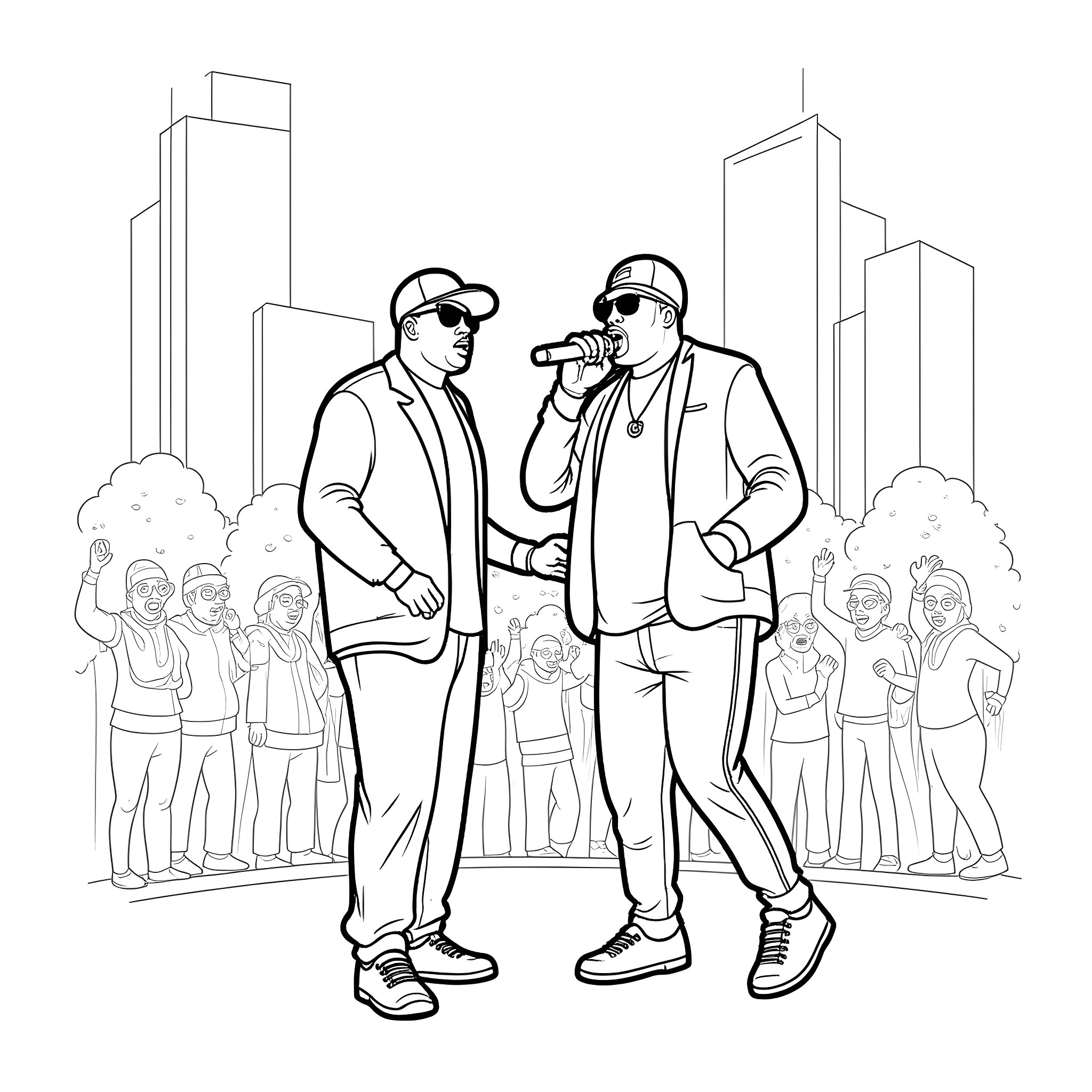 Robert Earl Davis rapping with friend in front of crowd Coloring Page (free black-and-white line drawing printable PDF for all, from beginners to advanced learners, including children, teens, adults, and seniors)