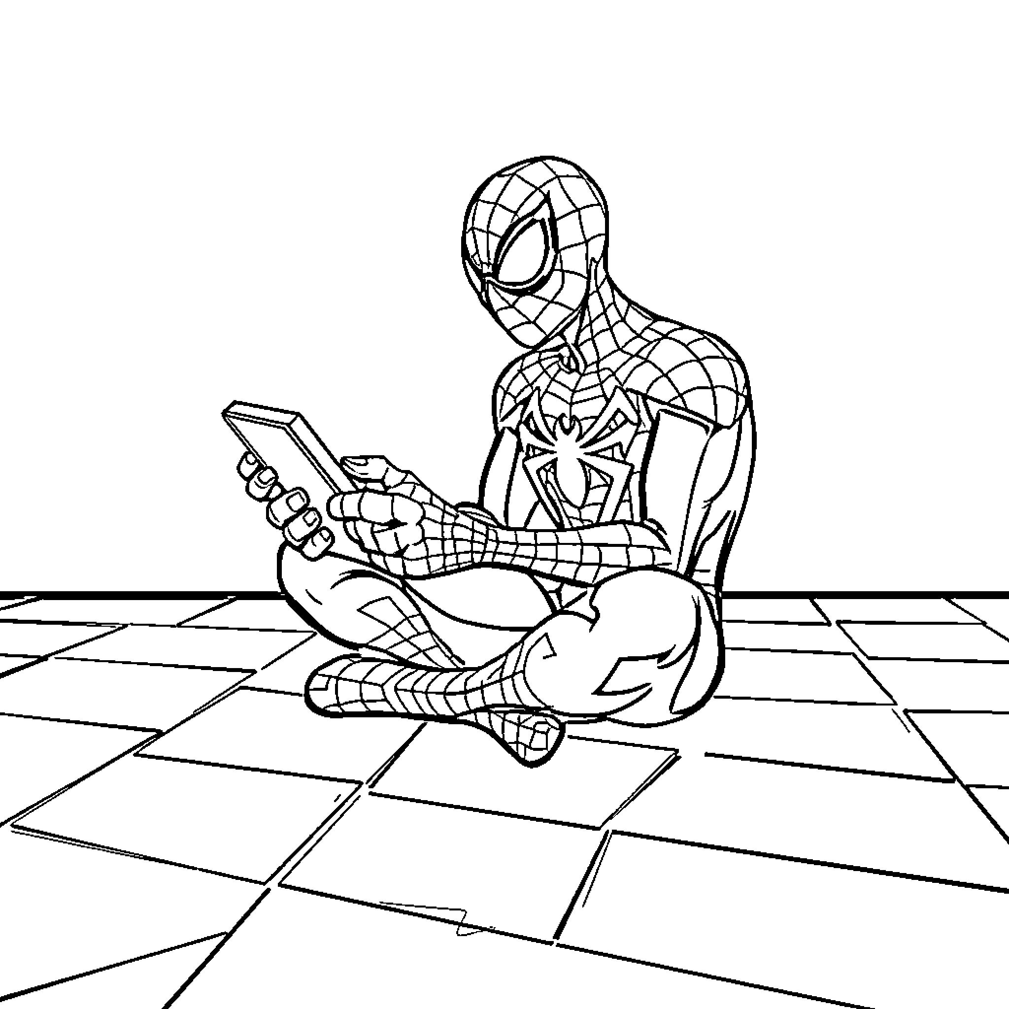 Spider-Man crouching and examining a device Coloring Page (free black-and-white line drawing printable PDF for all, from beginners to advanced learners, including children, teens, adults, and seniors)