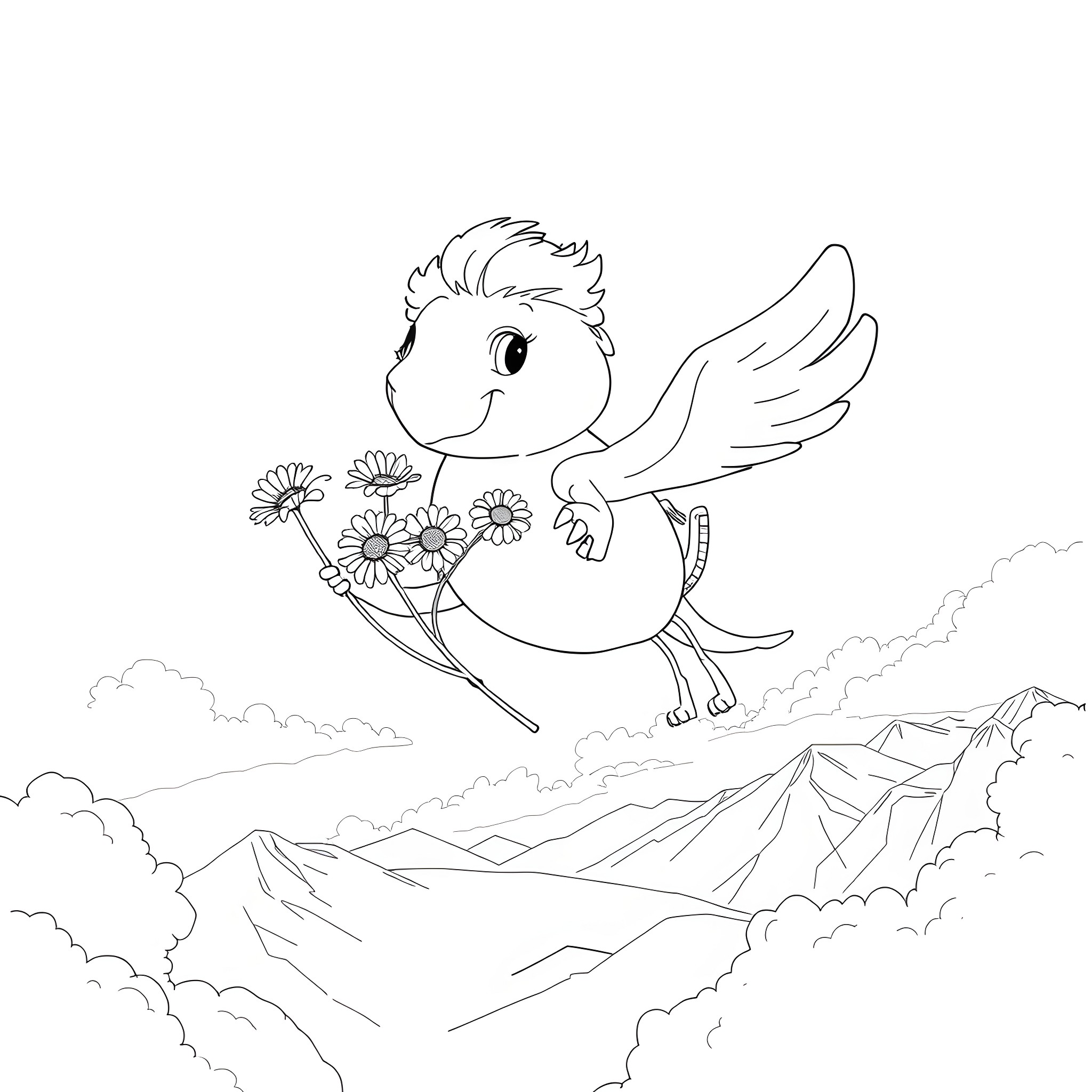 Flying Big Chick with Flowers in the Sky Coloring Page (free black-and-white line drawing printable PDF for all, from beginners to advanced learners, including children, teens, adults, and seniors)
