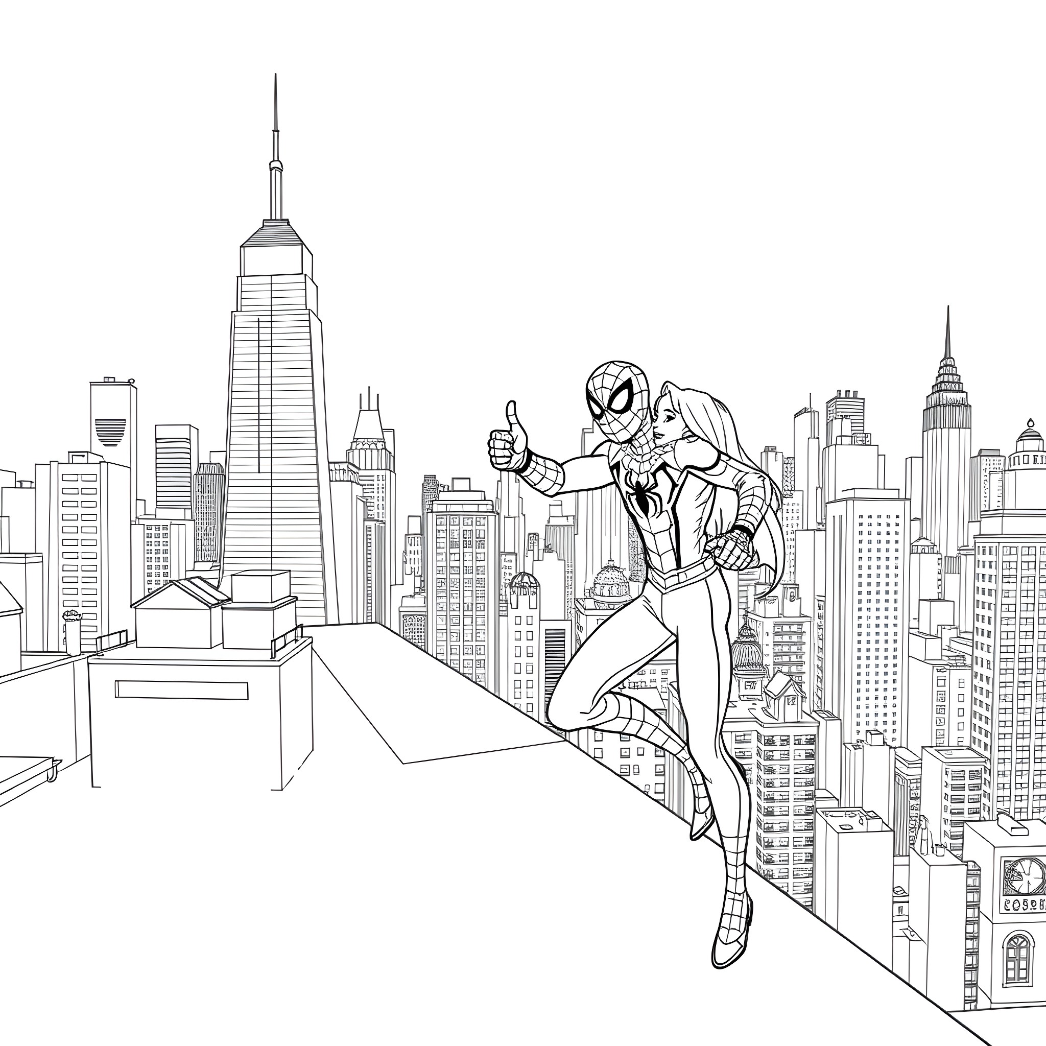 Spider-Man swinging through the city skyline Coloring Page (free black-and-white line drawing printable PDF for all, from beginners to advanced learners, including children, teens, adults, and seniors)