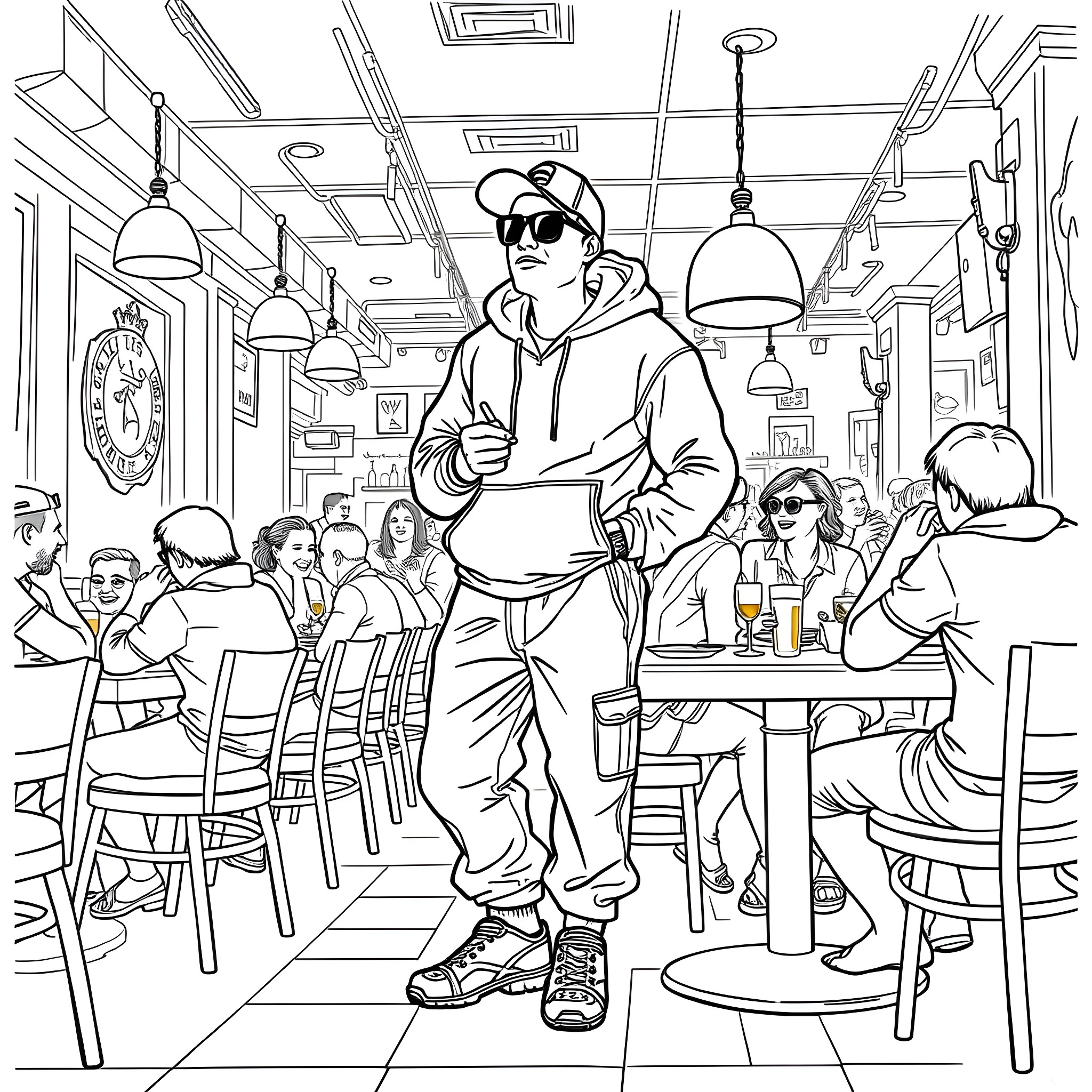 Man in casual outfit walking through a crowded café Coloring Page (free black-and-white line drawing printable PDF for all, from beginners to advanced learners, including children, teens, adults, and seniors)